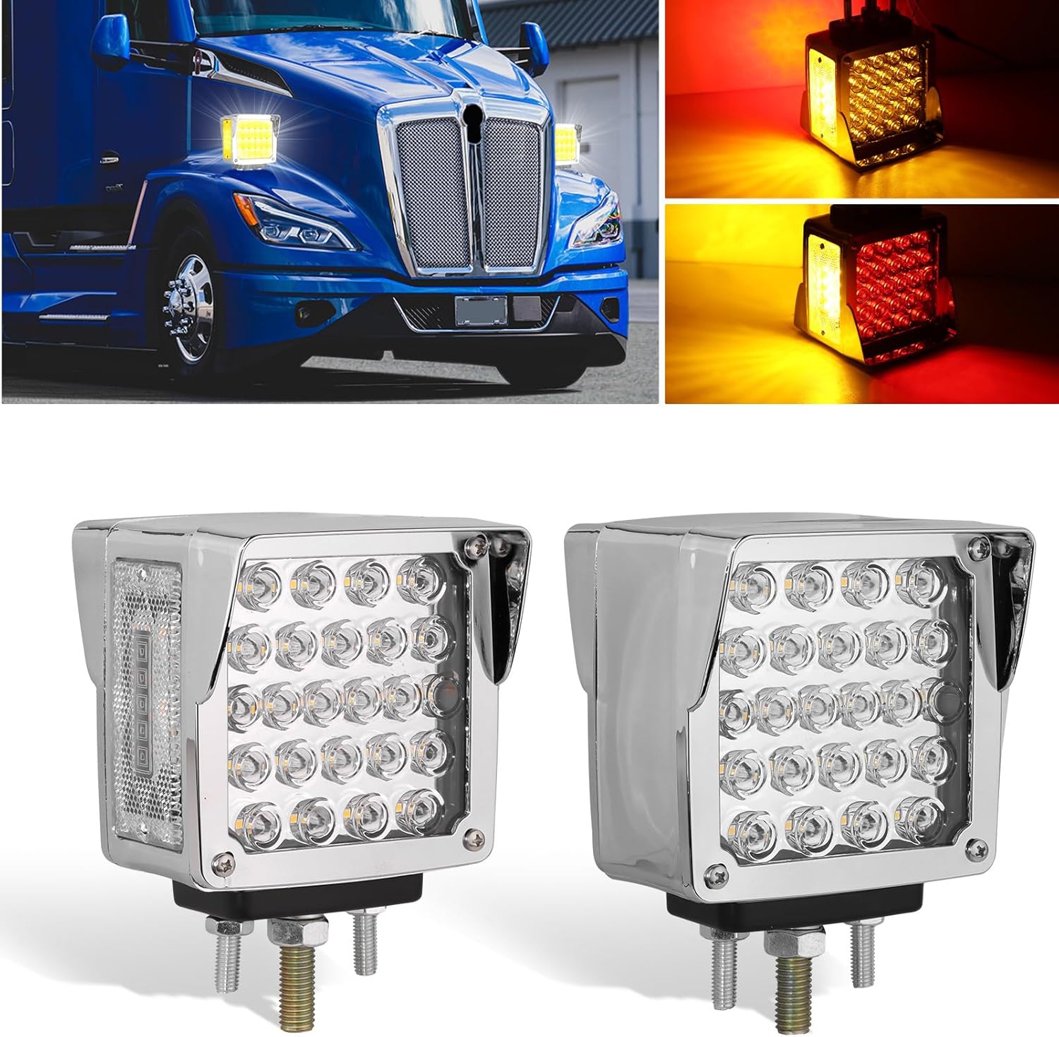 2Pcs 60LED Pedestal Fender Lights, Square Double Face Turn Signal Lights with Visor Clear Waterproof Marker Light with Flashing Light for Peterbilt 579 587 Kenworth W900 Freightliner Truck
