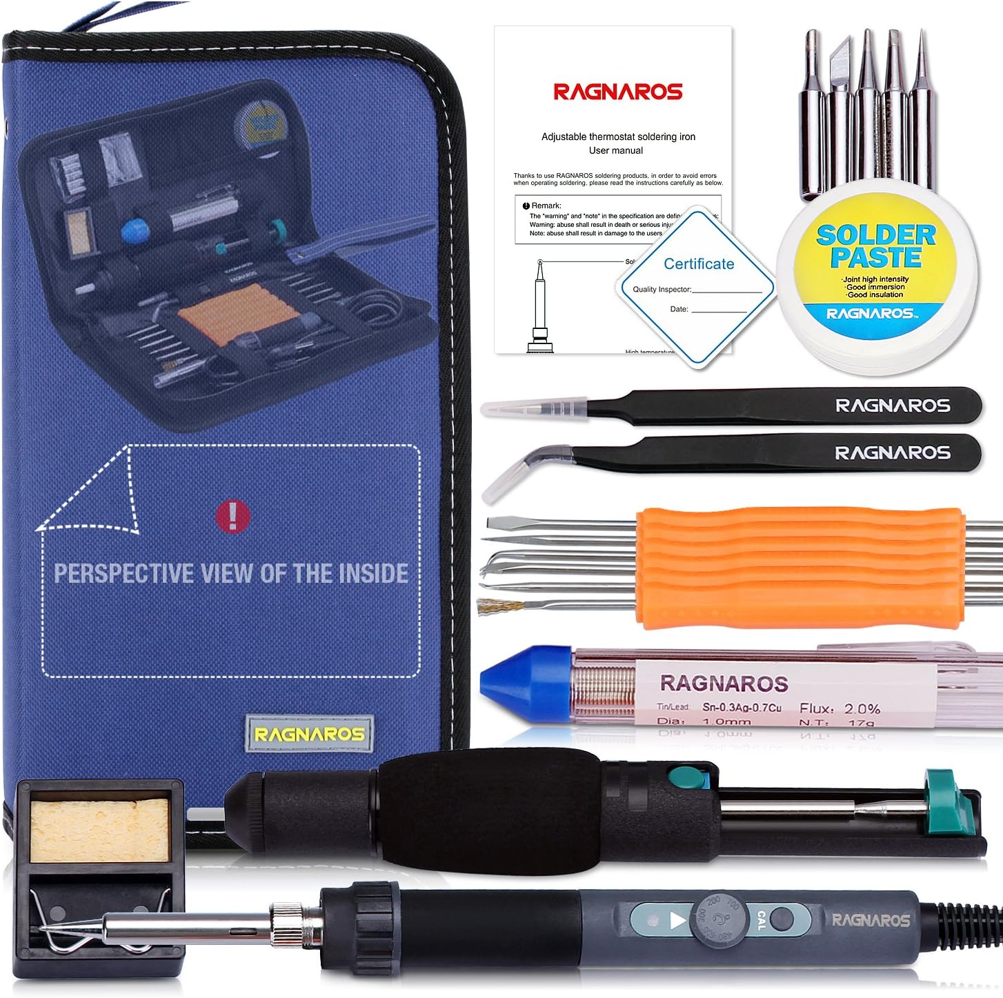 Soldering Iron Kit, Full Set 70W 110V Adjustable Thermostat Soldering Iron, Gathered with Tips, Anti-Static Tweezers, Solder Sucker, Soldering Wick, Rosin and Aid Tools in Organized Case