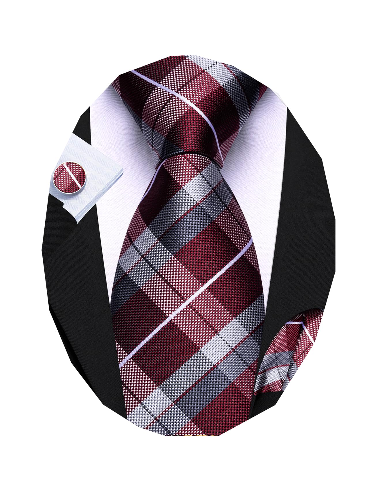 Barry.Wang Plaid Ties Checkered Mens Silk Necktie Handkerchief Cufflinks