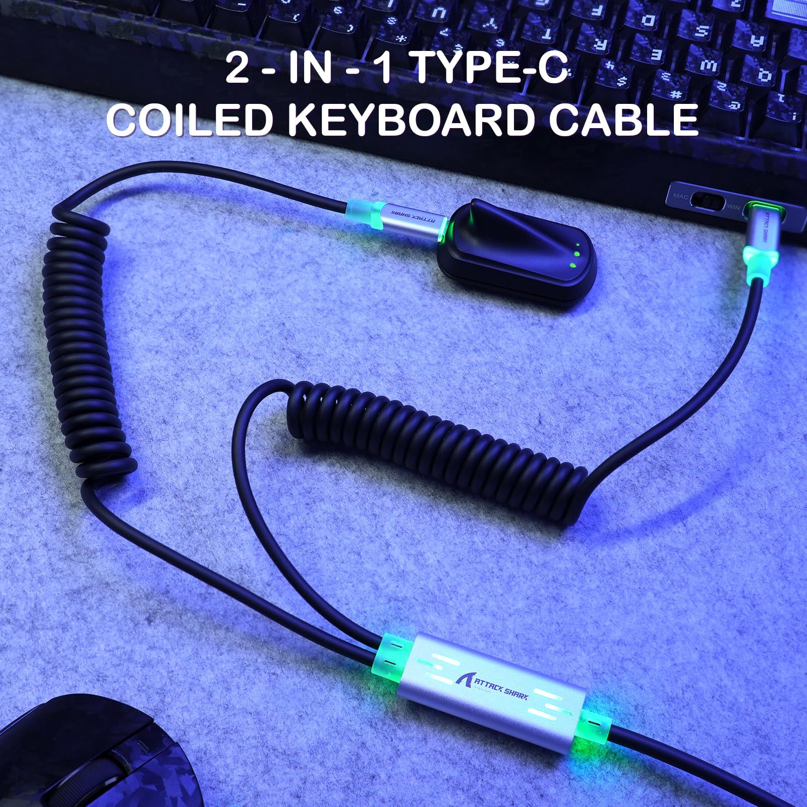 MAMBASNAKE X ATTACK SHARK C08 Kabel Spiralny Klawiatury 2 W 1 Typu C, 8KHz & Szybki Spust, Magnetyczne Światło RGB, Stalowe Złącze Lotnicze, Kabel Danych I Szybkiego Ładowania USB C Do USB A (Czarny)