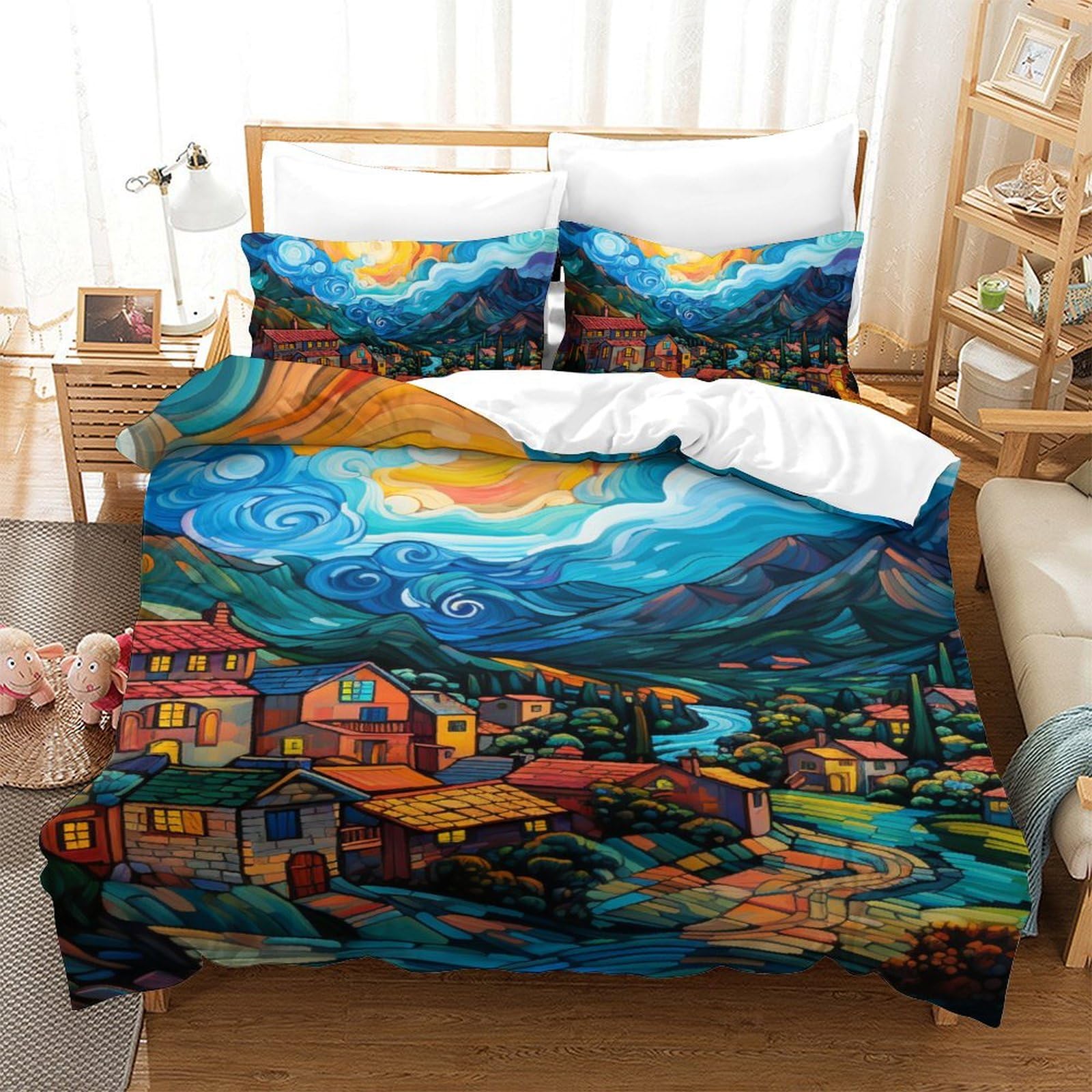 Parure de couette 3D Le Village parure de lit microfibre respirante 1 place 140x200cm