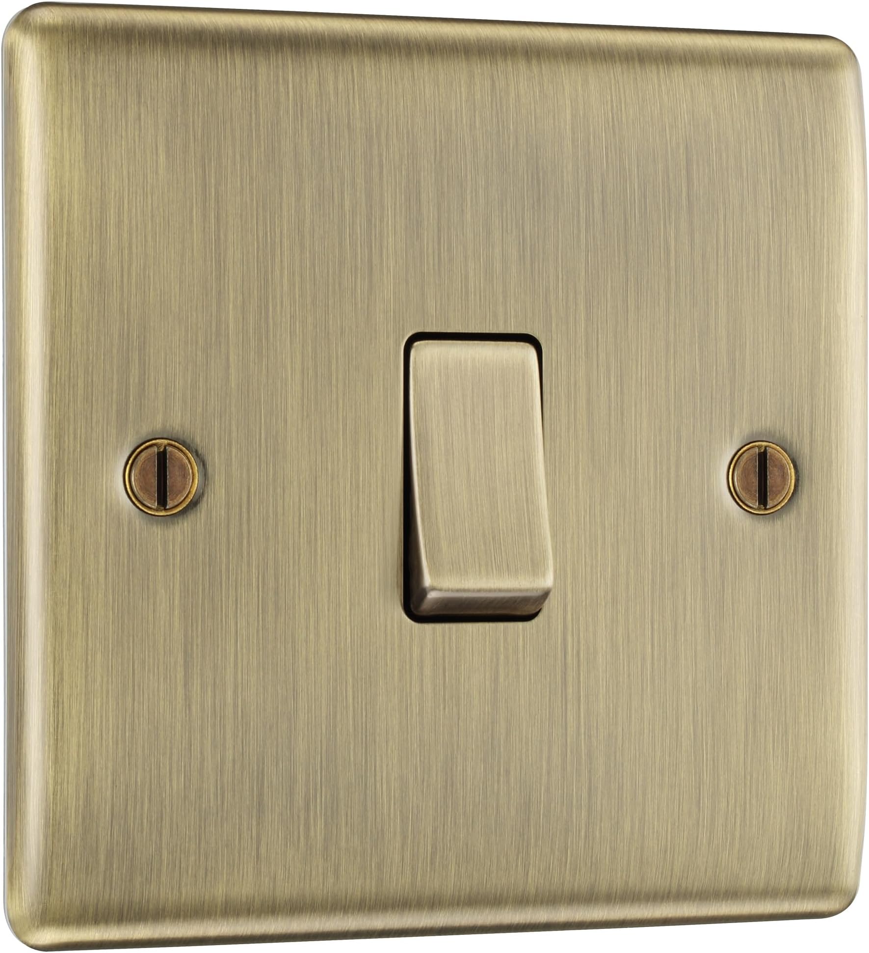British General BG Electrical Single Wall Light Switch, 2 Way, Raised and Slim Profile, Round Edges, Nexus Metal, Antique Brass, 20A, 16AX, NAB12