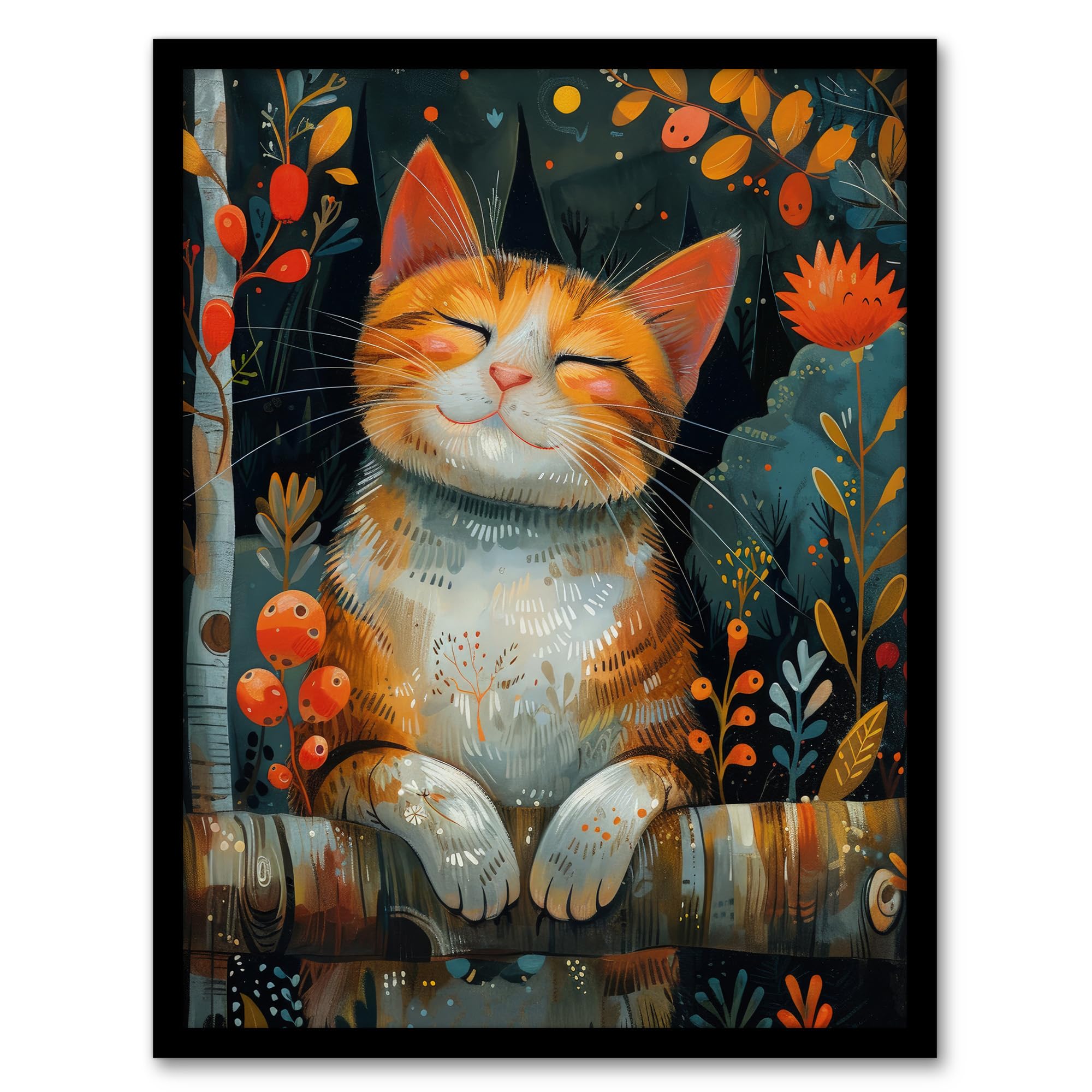 Artery8 Happy Ginger Tabby in Nature Cat Lover Painting For Living Room Artwork Framed Wall Art Print A4