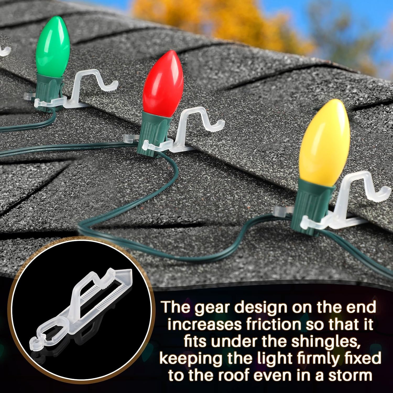 Cinnvoice 50 Pack Christmas Light Clip Clay Tile Roof Clips Outdoor Universal Gutter and Shingle Clip for C9 C7 C6 Mini Light and Icicle Lights (White)
