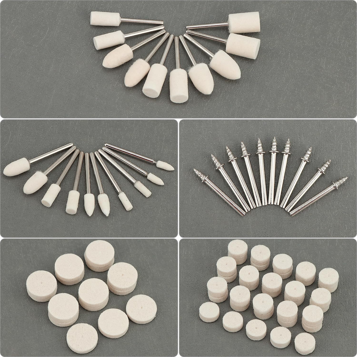 QWORK Zestaw 80 kół polerskich z filcu wełnianego, kompatybilny z Dremel, głowice polerskie Ø4-25 mm, pręt 3 mm