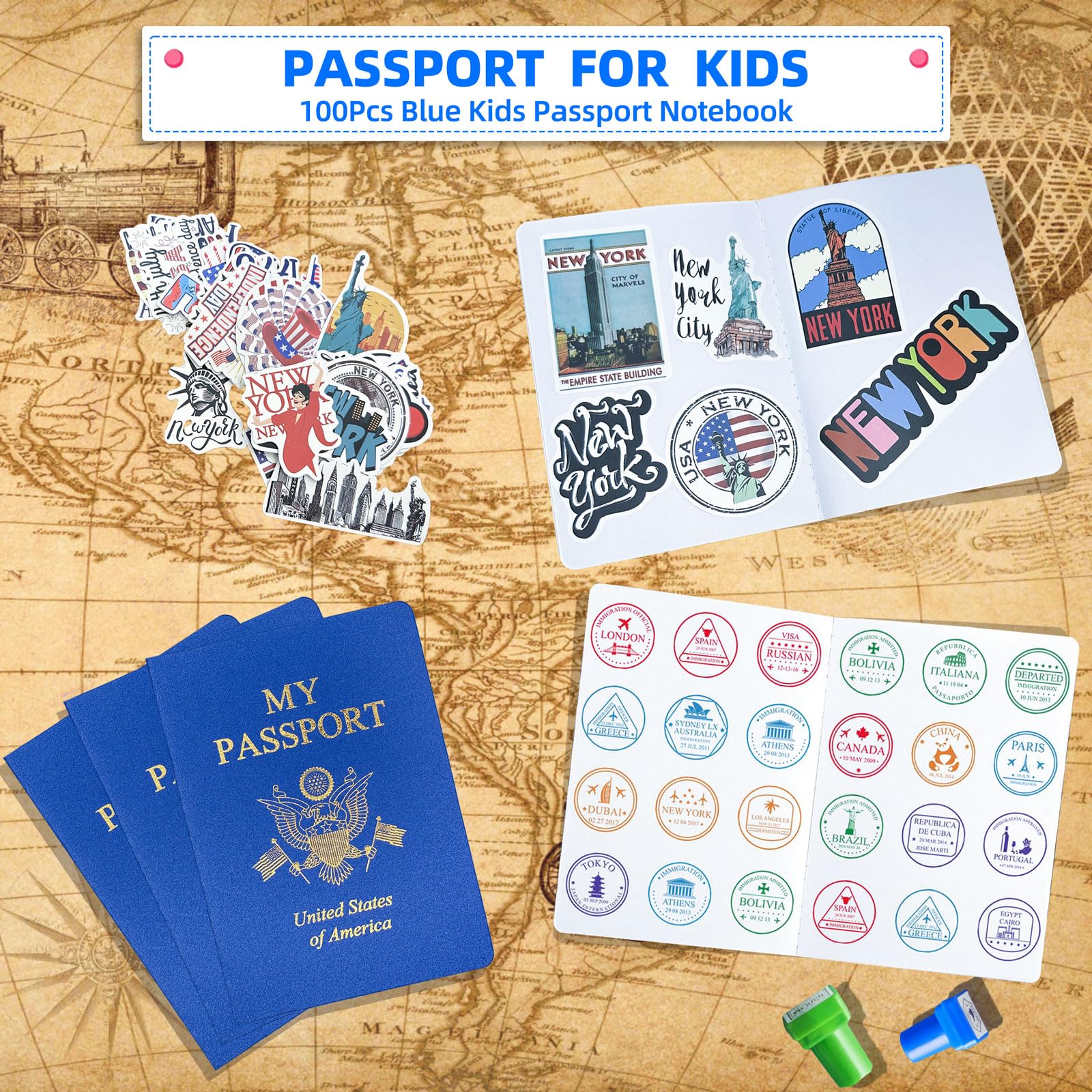 XIISVINT 100 Piezas Cuadernos de Pasaporte en Blanco Libro de Pasaporte Azul Pasaporte Falso Diario de Viaje Libro de Colección de Pegatinas para Niños Proyectos Escolares Viajes por el Mundo