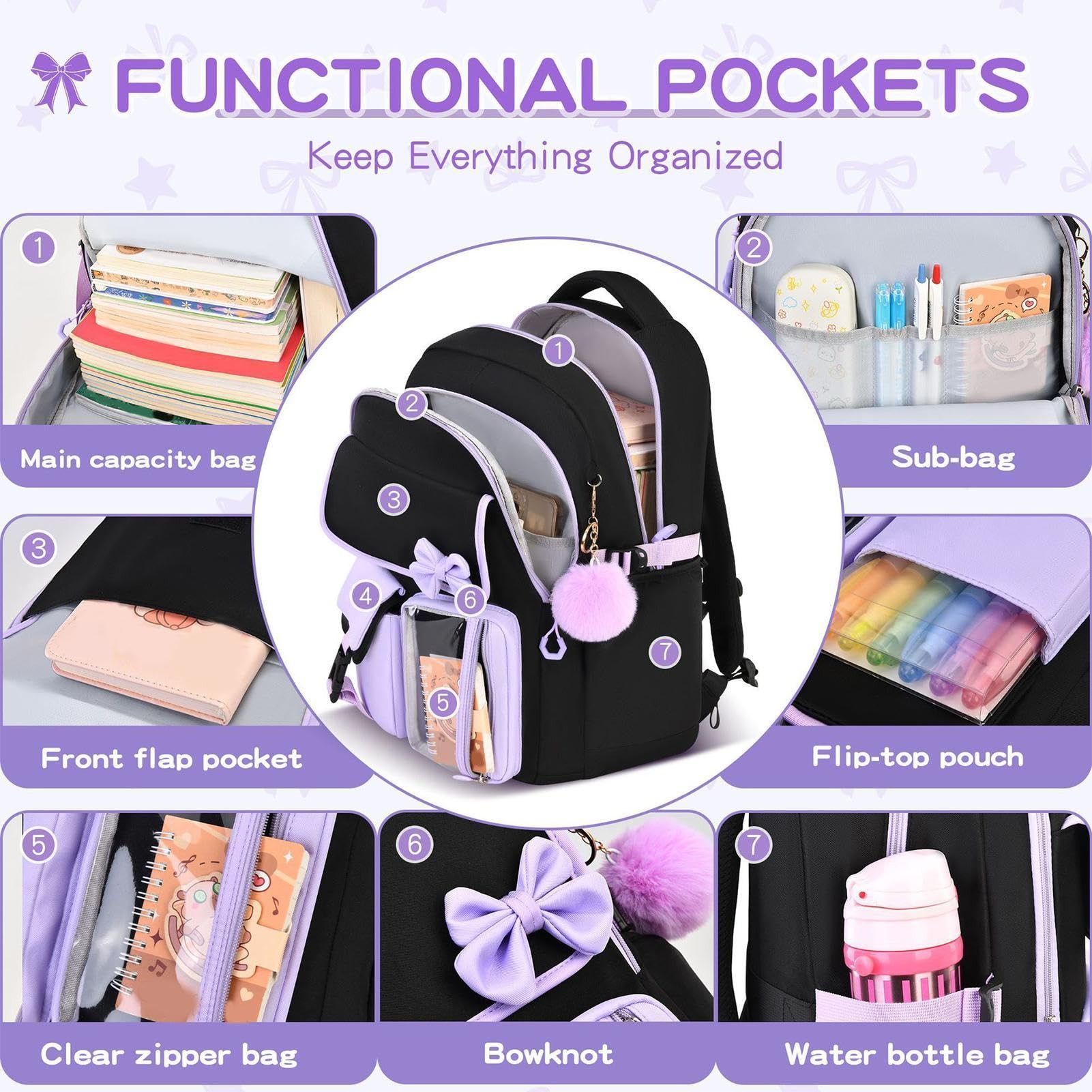 Zaino Per Bambine Con Lunch Box 3 Pezzi Con Regolabile E Grande Capacità | Zaino Scolastico Casual Per Bambina Per Studentesse Pendolari Viaggio Portafoglio Abbigliamento E Libri Di