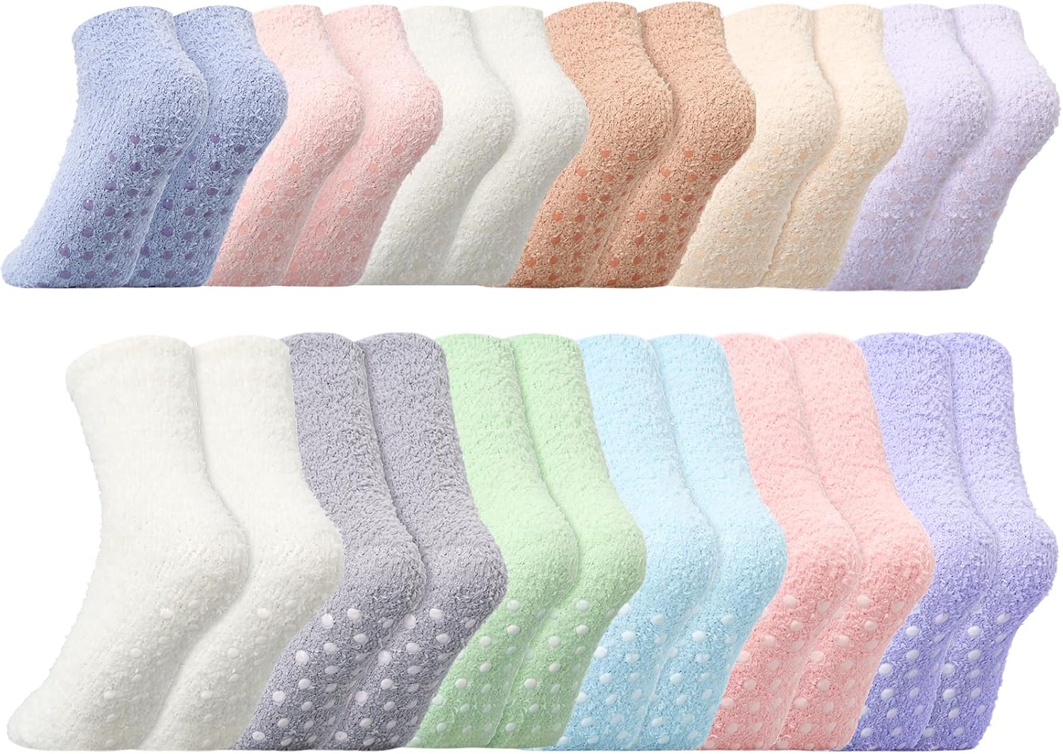 12 Pairs Non Slip Hospital Socks with Grips for Women Fuzzy Cozy Winter Short and Long Slipper Socks with Grips Warm Christmas Winter Gift