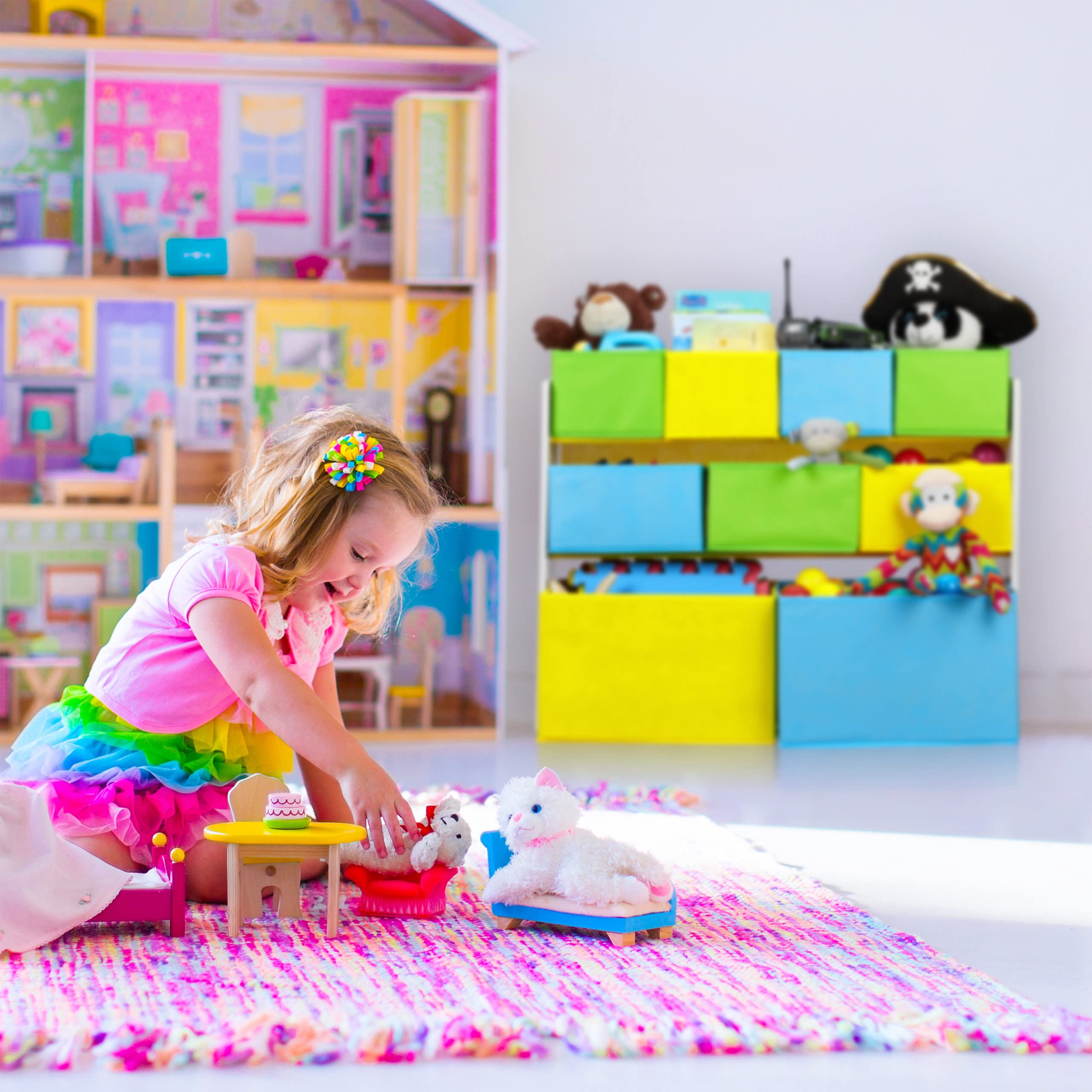 Relaxdays Scaffale Porta Giochi con 9 Scatole di Stoffa, Immagine di Un Falò, Organizer, 66 x 82,5 x 29,5 cm, Colorato