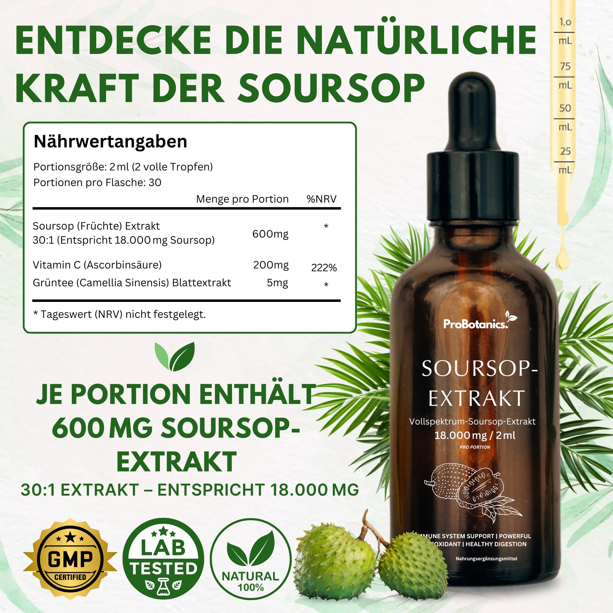 Graviola Tropfen für Zellunterstützung & Regeneration | Hochdosiert 600mg pro Portion (30:1 Extrakt entspricht 18000mg) | Starkes Antioxidans & Immununterstützung - Monatsvorrat - 60ml