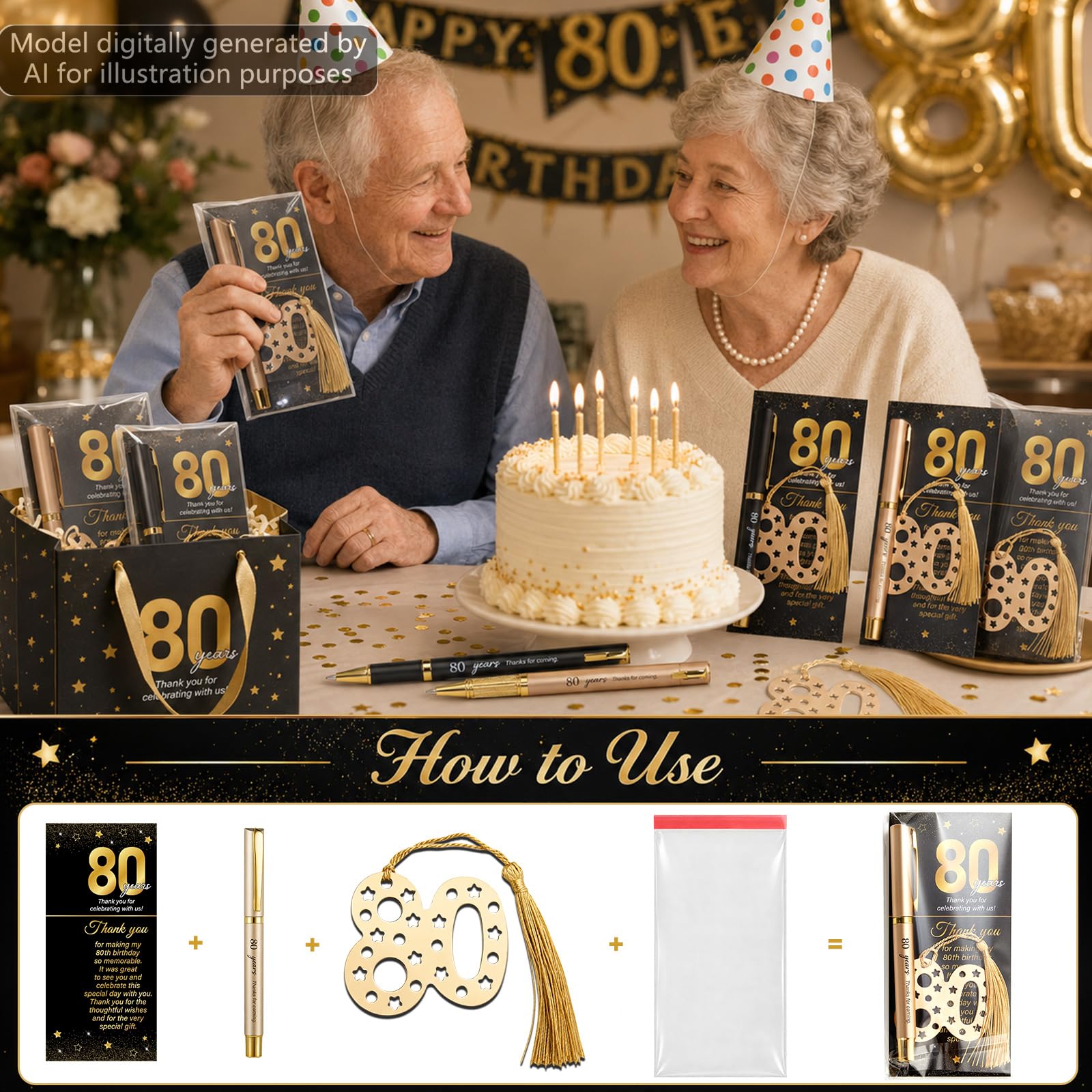 Lesezeichen und Dankeskarten, 50 Sets zum 80. Geburtstag