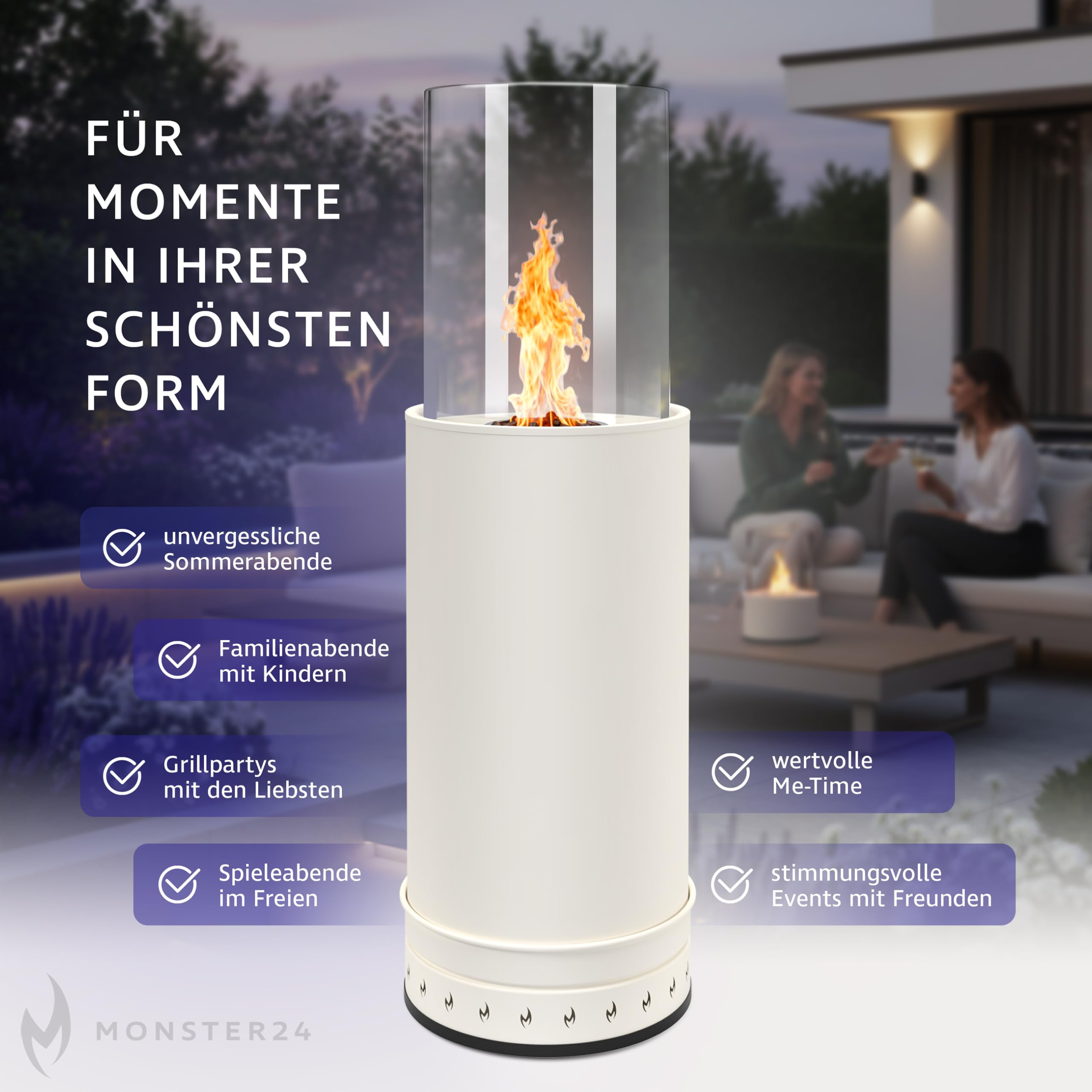 Monster24 Standkamin, rund, freistehend, 87 x 27 x 27 cm, Pellet Terrassenheizer für Outdoor, Terrassenofen mit 360° Flammenspiel, ideal als Terrassenkamin und Bodenkamin