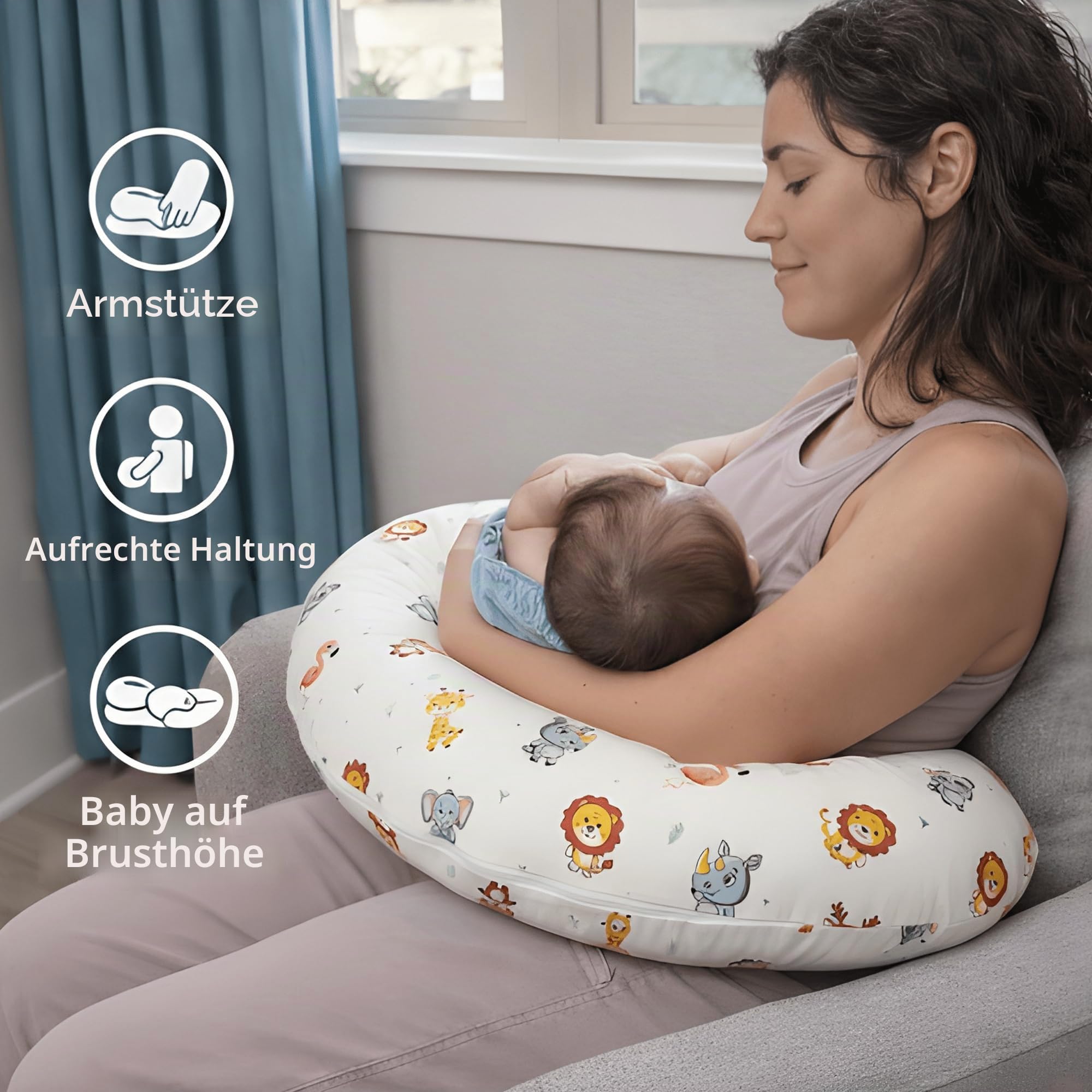 LivinEase Stillkissen zum Stillen und für Flaschen - Baby-Fütterungskissen 100% OEKO-TEX zertifizierte Baumwolle mit waschbarem Bezug - Perfekt für Bauchzeit (Dschungel)