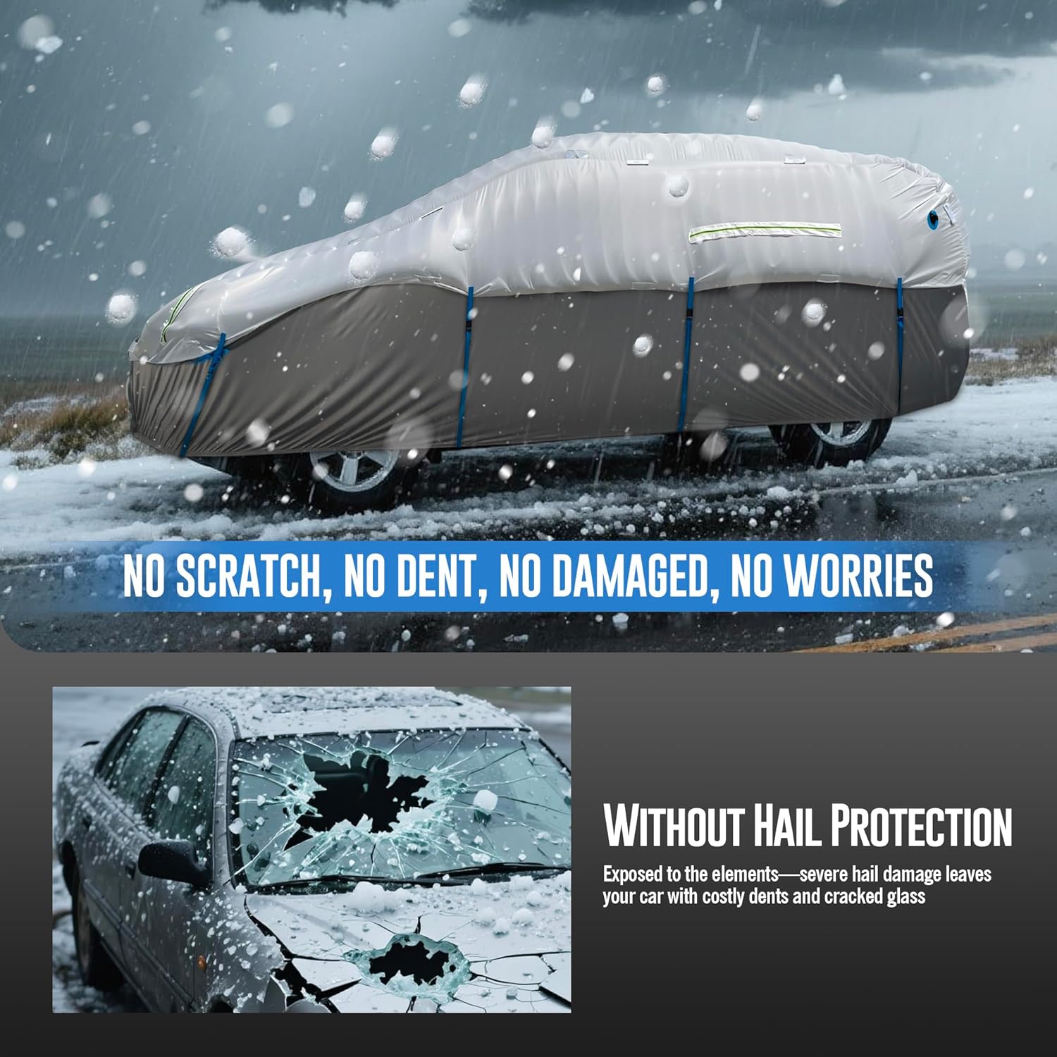 Inflatable Hail Car Cover with Thickened Airtight PVC Airbag Protection, Heavy Duty Anti-Hail Full Car Cover for Sedans & SUVs Length Between 166"–198", Air Pump Included