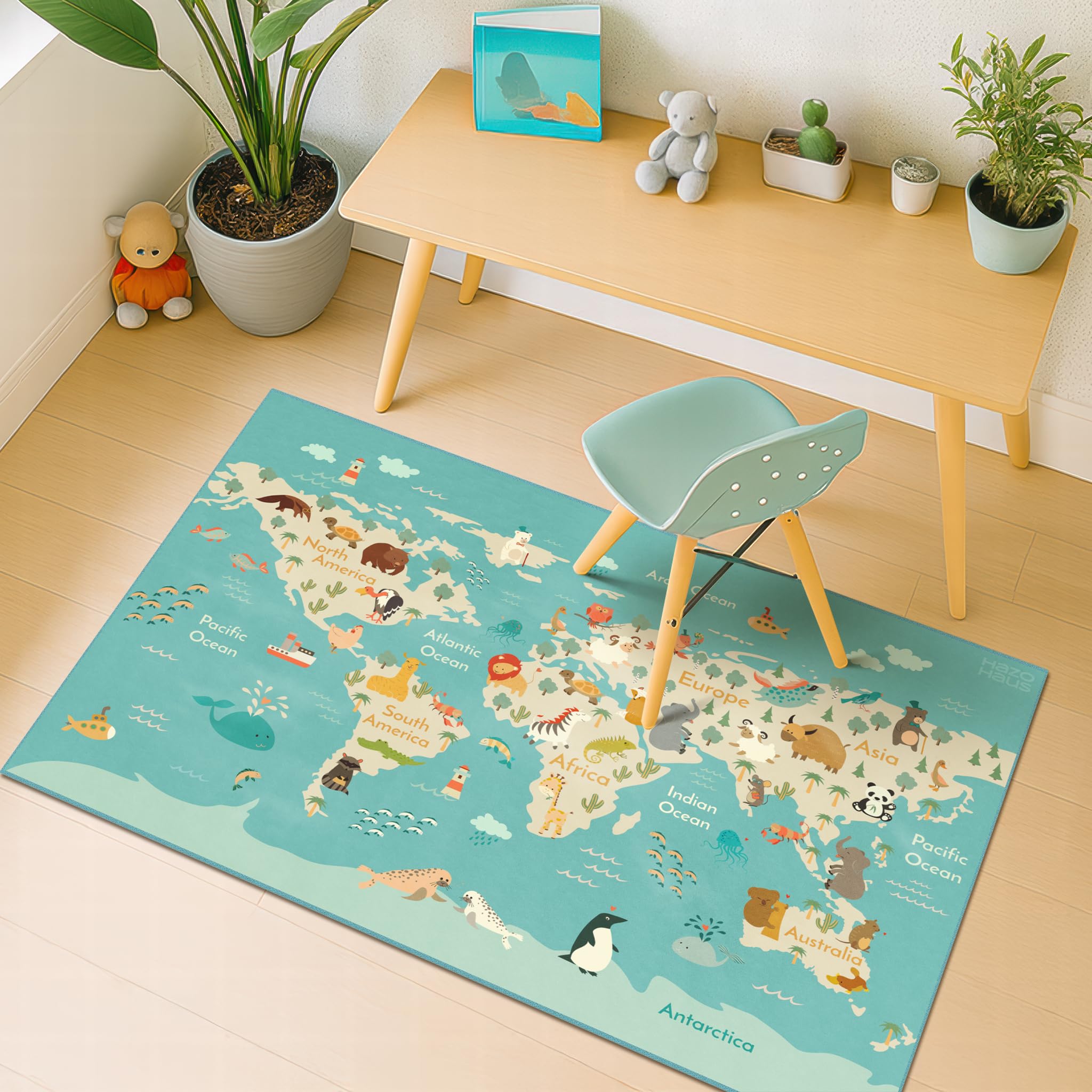 3x5 Play Mat for Kids Playroom - Colorful World Map Rug for Kids, Small Soft Educational Play Rug with Cute Animals by Continent, Washable Stain Resistant Foldable for Toddler Bedroom - Blue
