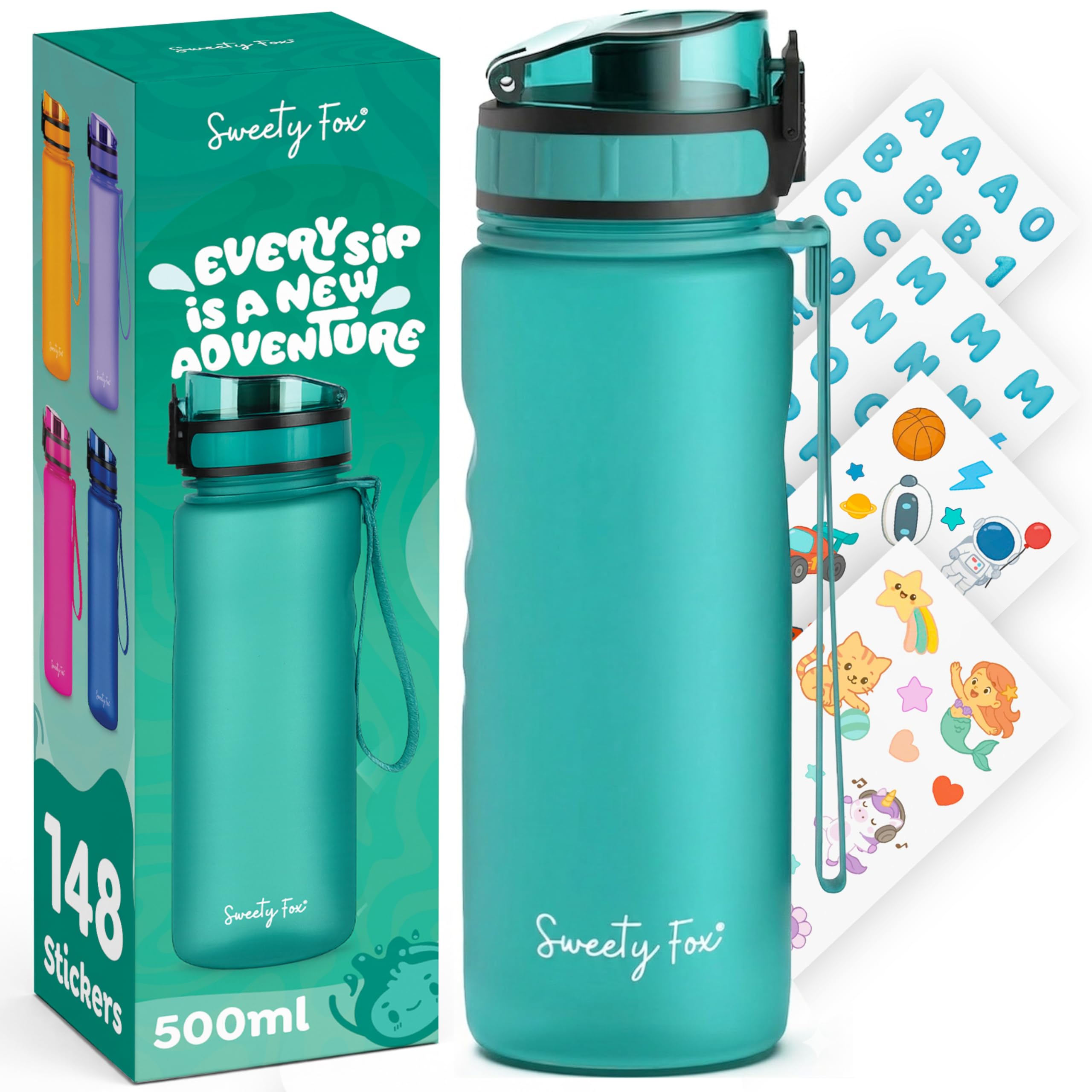 Sweety Fox Trinkflasche Kinder Kohlensäure Geeignet 500ml, Grün - Trinkflasche Sport 100% Auslaufsicher & Wasserflasche Spülmaschinenfest