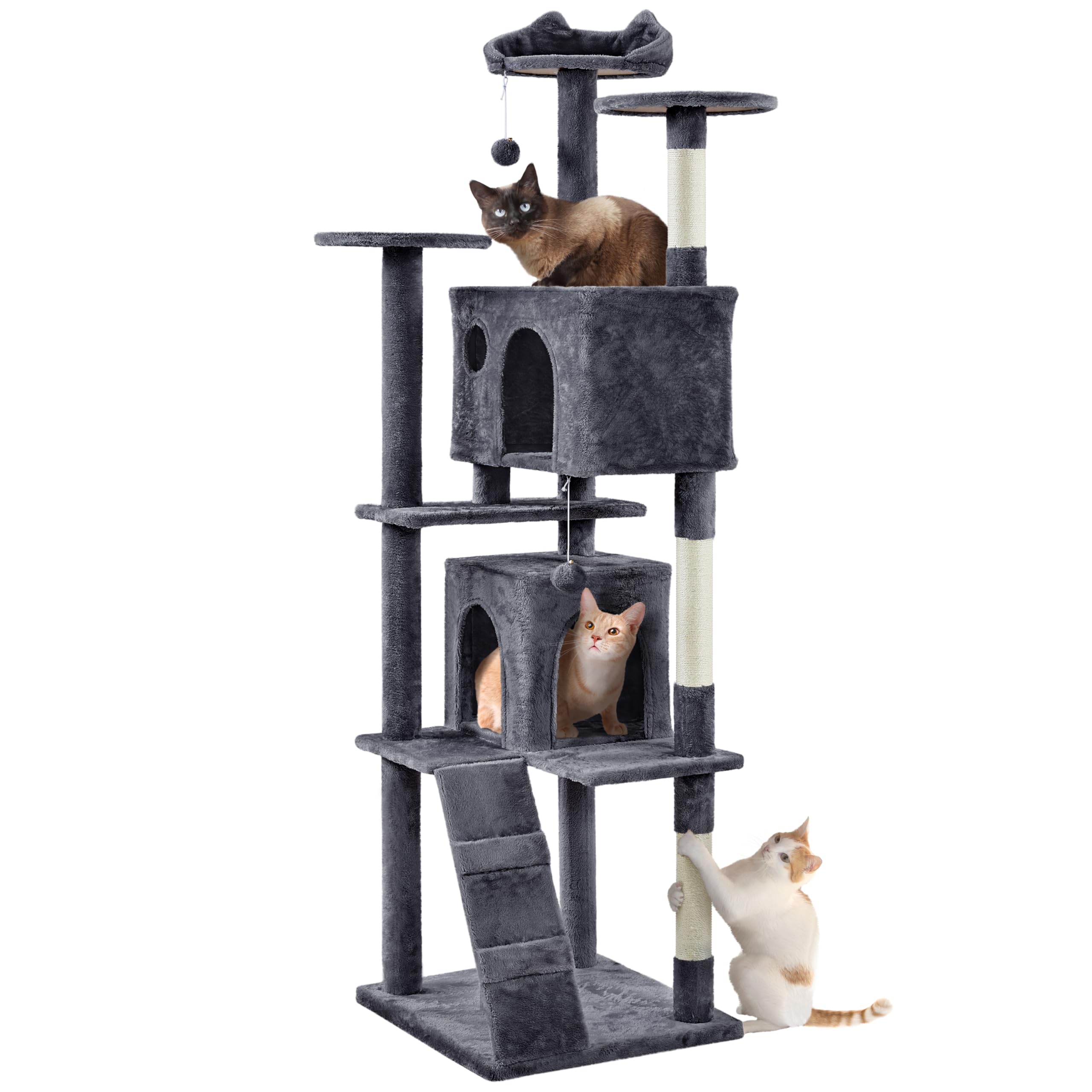 Yaheetech Árbol Rascador para Gatos 139cm con 3 Plataformas 2 Nidos 2 Pompones Torre de Escalador con Postes en Sisal Ideal para 3-4 Gatos Gris Oscuro — view 19