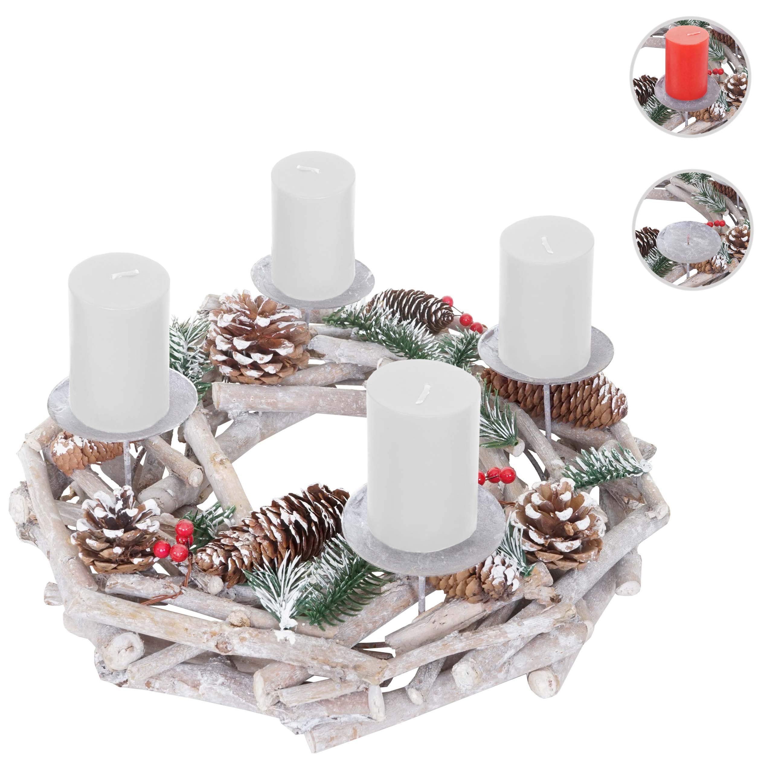 Couronne de l'avent, Bois, Rond Ø 35cm, Blanc-Gris - Bougies Blanches