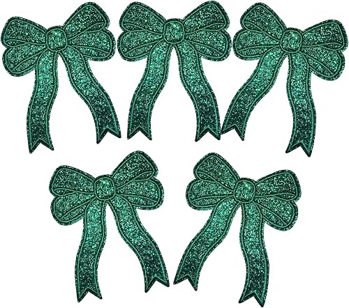 CY Iron On Patches Glitter 5Pcs Sweatshirt Side Bow Embroidered Patch Cute Sequin Applique Sew On Fabric Patches Shiny DIY Decorative Accessories Lovely for Girls Women Clothes Backpacks Jackets,Green