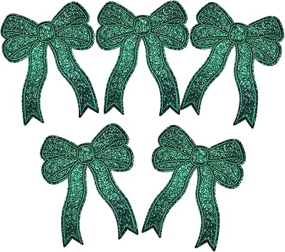 CY 5pcs Green Glitter Sequin Bow Embroidered Patches - Iron On or Sew On - Glamorous Preppy Appliques for Girls & Womens Clothes, Backpacks & Home Decor