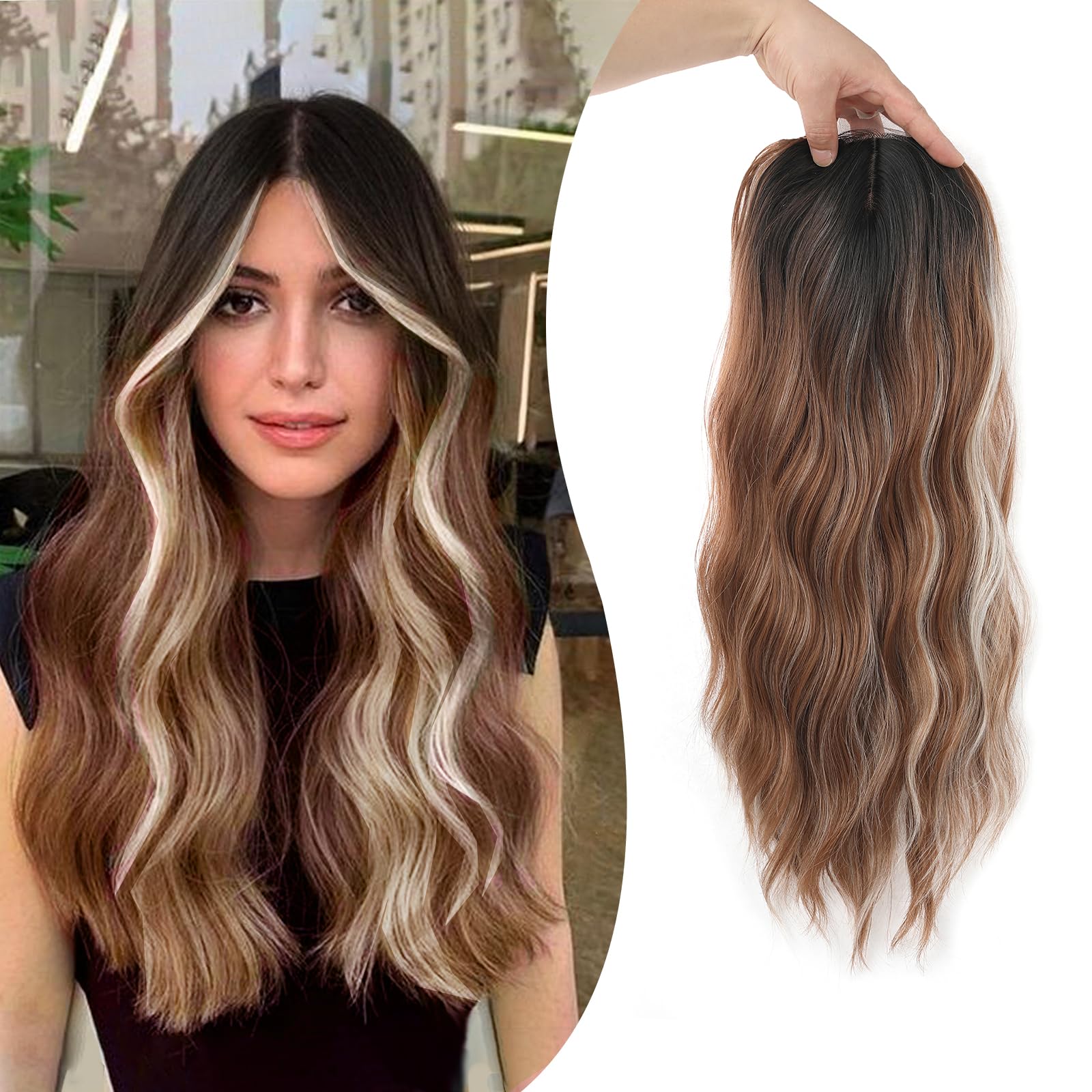 20 Inch Hair Toppers For Women Long Wavy Curly Hair Topper Darkest Brown Clip In Synthetic Wiglets Hair Pieces For Women (Highlights Brown with Dark Root