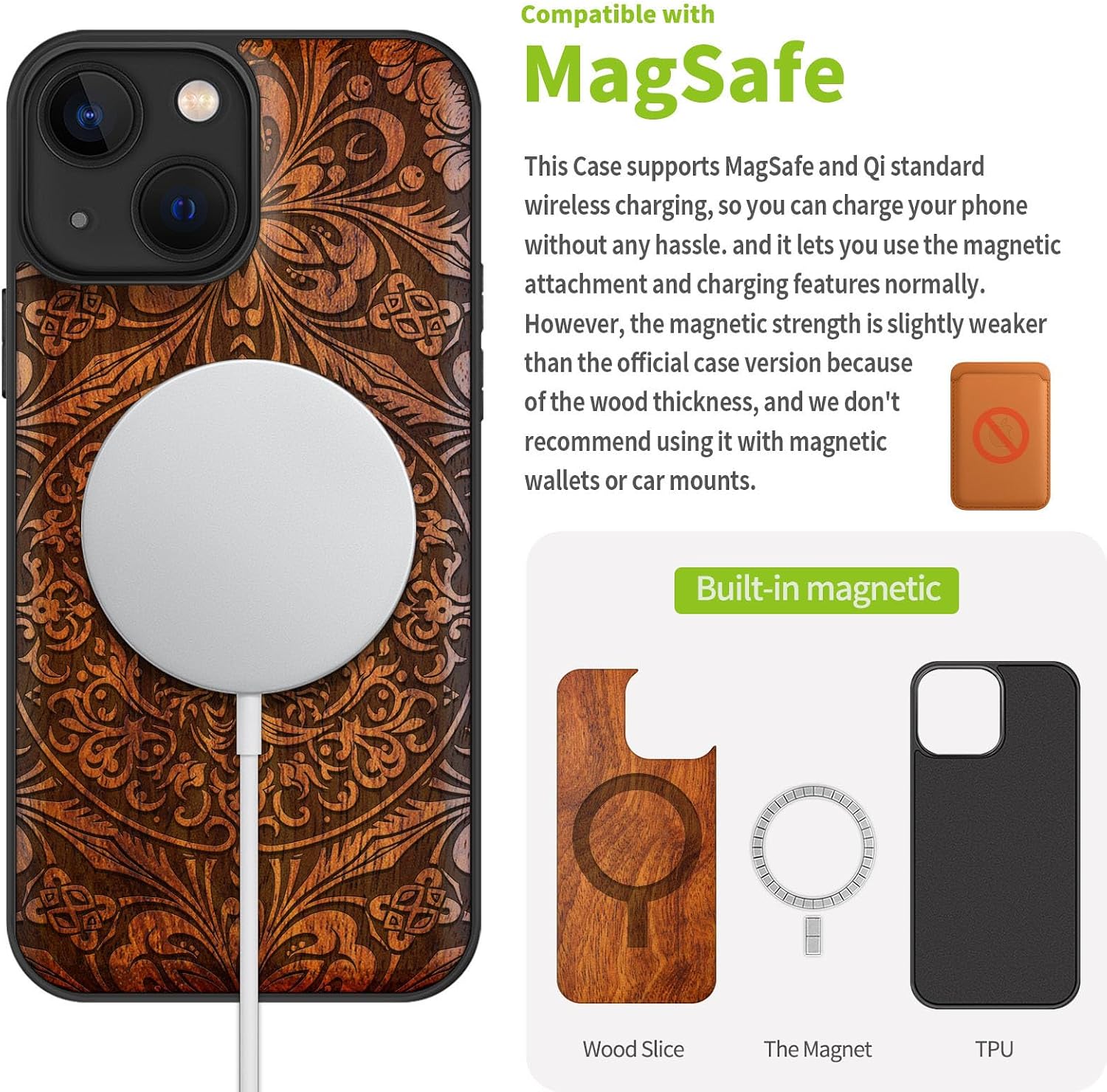 Carveit Designer Wooden Protective Case for iPhone 13 Mini Magnetic Cover [Wood Engraving & Shell Inlay] Compatible with 13 Mini MagSafe (Phoenix in Symmetry-Rosy)