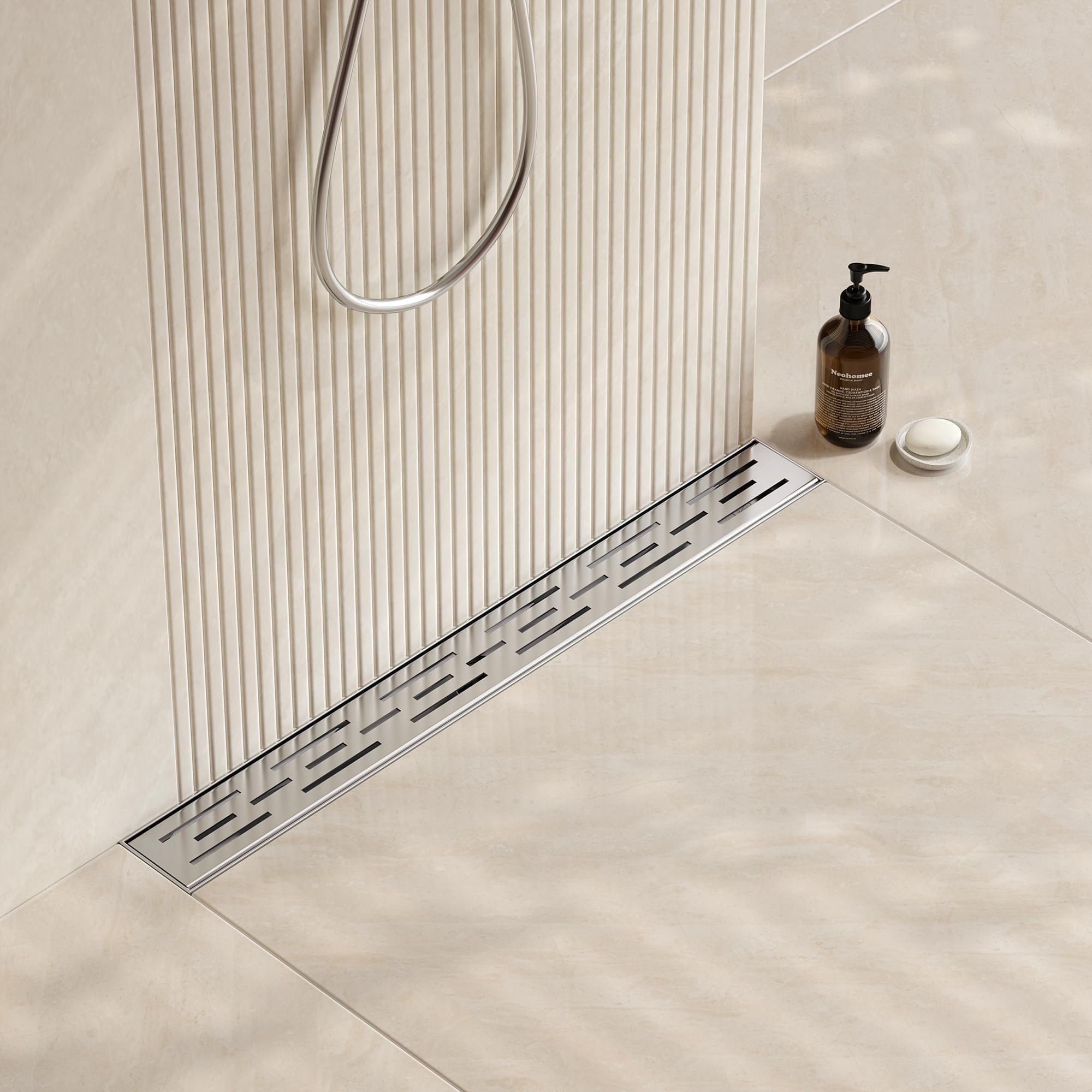 24 Inch Rectangular Linear Shower Drain with Brick Pattern Grate, Brushed 304 Stainless Steel Bathroom Floor Drain,Shower Floor Drain Includes Adjustable Leveling Feet
