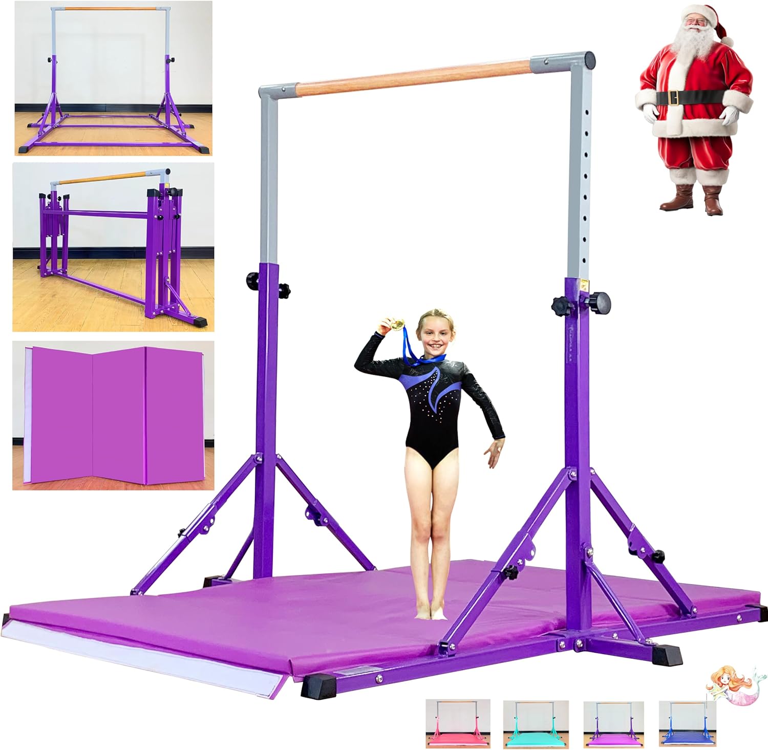 Marfula Gymnastic Bar For Kid and Teenage of 3-25, 5Ft/8 FT Base Length 4Ft Width 5Ft Adjust Height, Gymnastic Kip Bar For Gymnast, Gymnastic Training Equipment For Professional Training Home Club Use Bar With Mat-Hot Purple (5 Ft Base)