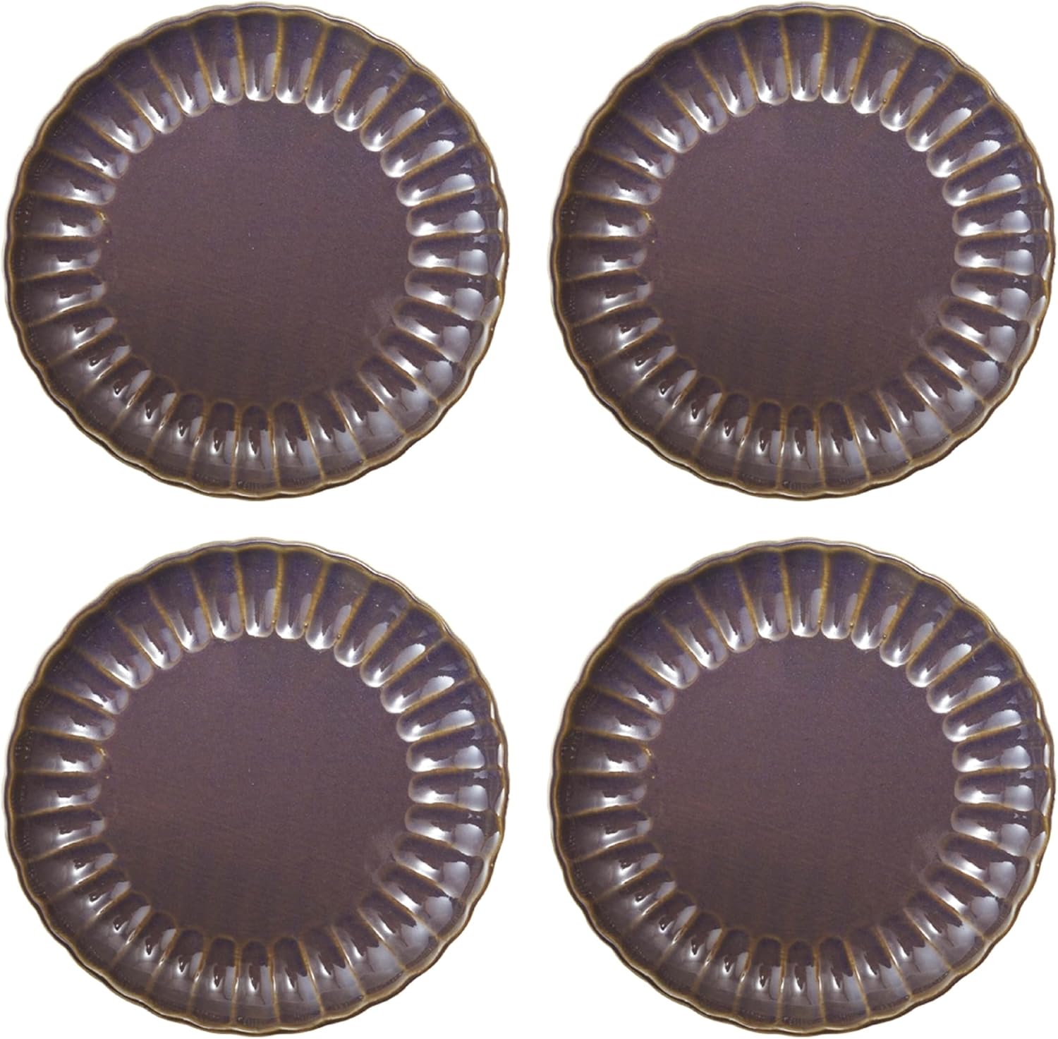 Creative Co-Op Round Stoneware Fluted Plate with Reactive Glaze, Plum Color, Set of 4