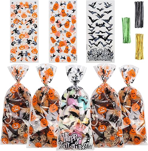 Miniatura 2 de LOKIPA Bolsas de celofán para dulces de Halloween, 150 piezas, bolsas de regalo con lazos giratorios para suministros de fiesta (3 estilos)