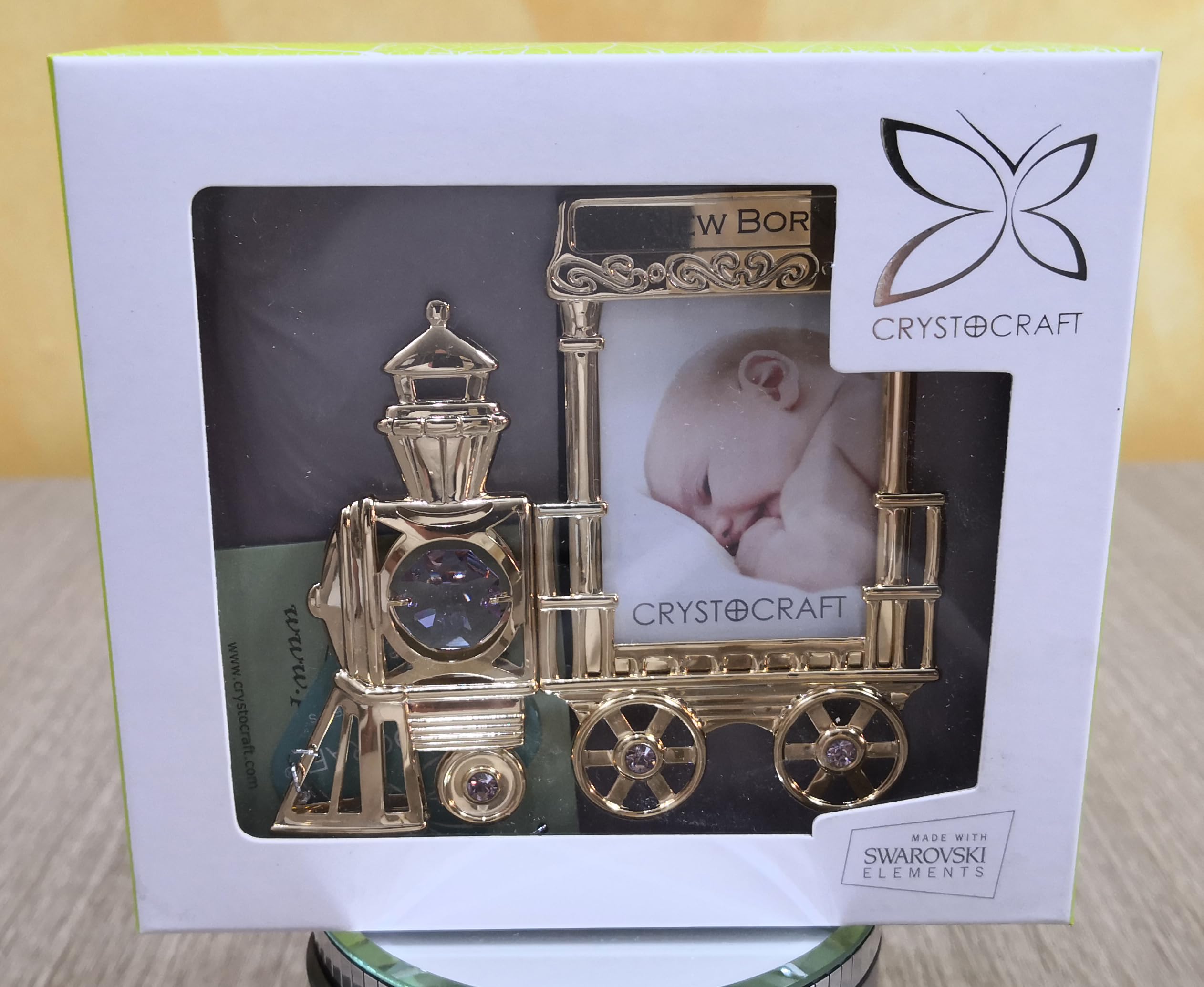 CORNICE PORTAFOTO Trenino con 2 vagoni Argentati con scritta NEW BORN - 3 e 6 MONTHS - CRYSTOCRAFT BOMBONIERE Nascita Battesimo Bimbo Bimba