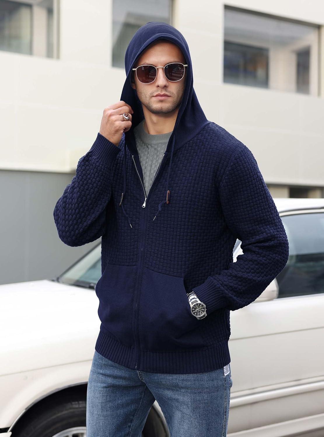 Zaitun Men's Full Zip Up Hooded Cardigan Sweater with Pockets