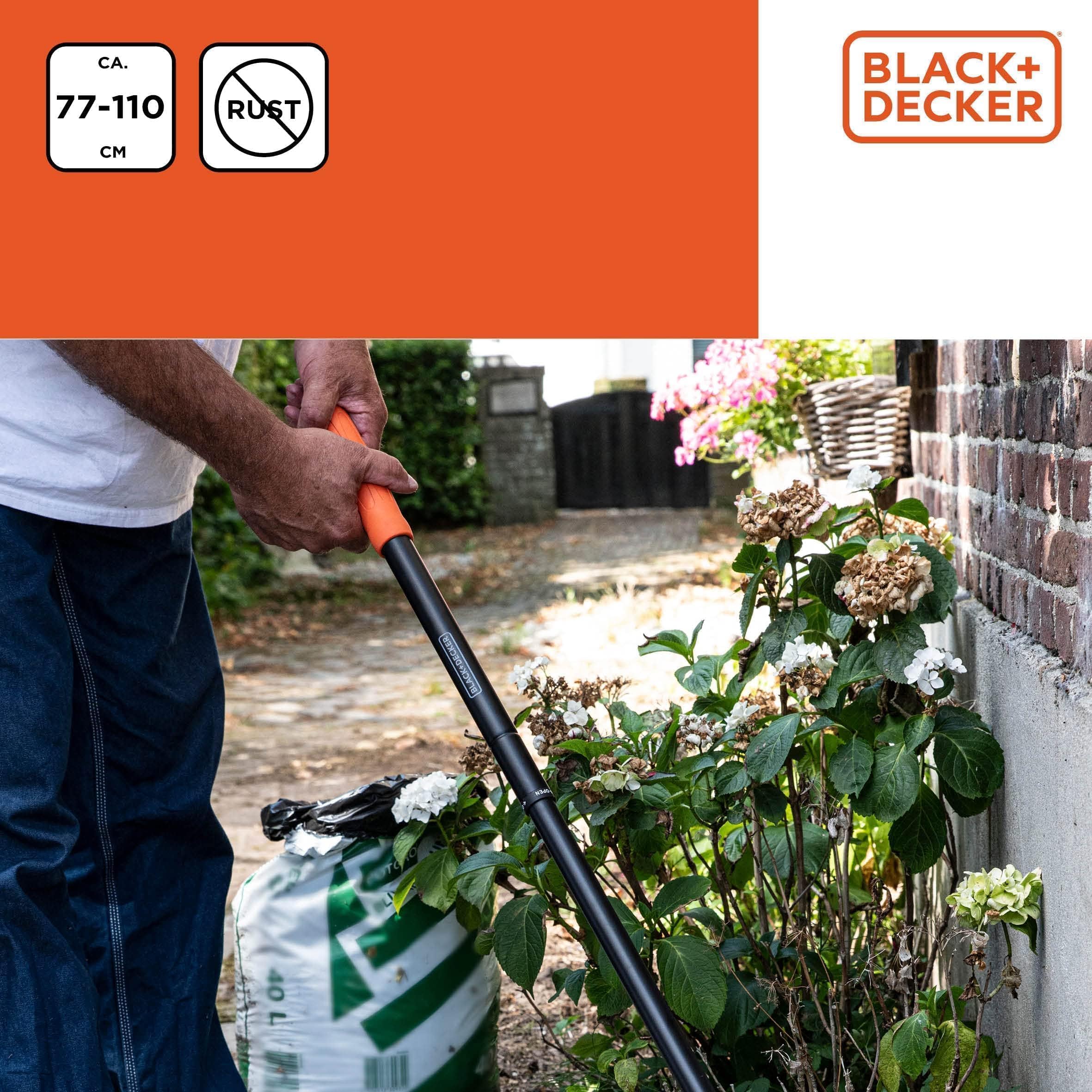 BLACK+DECKER Laubrechen BXGTTO7050 – Regolabile da 77 a 110 cm – Rastrello – Rastrello – Resistente alla ruggine – Nero/Arancione