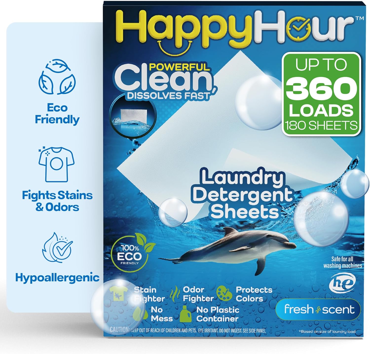 HAPPY HOUR Laundry Detergent Sheets Value Pack with up to 360 Loads, Non Toxic Laundry Sheets Detergent Soap for Sensitive Skin, Recyclable Eco Friendly, Perfect for Travel - Fresh Scent