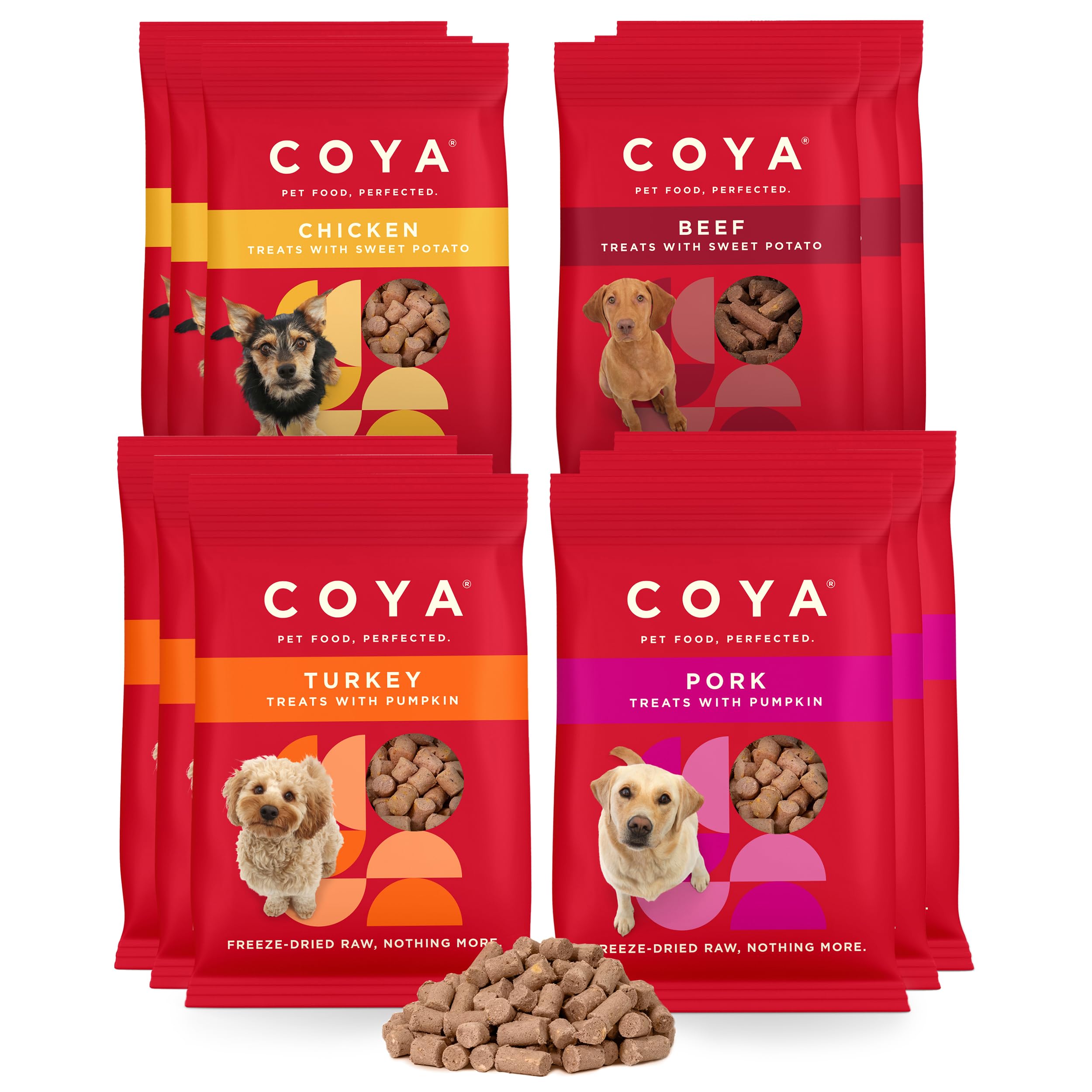 COYA Dog Food Treats Variety Pack (12 x 40g) 3 Packs Of Each Flavour, Beef, Chicken, Turkey & Pork, Made With 90% Meat & 10% Veg | Freeze-Dried Raw Dog Treats, Raw Without The Chore