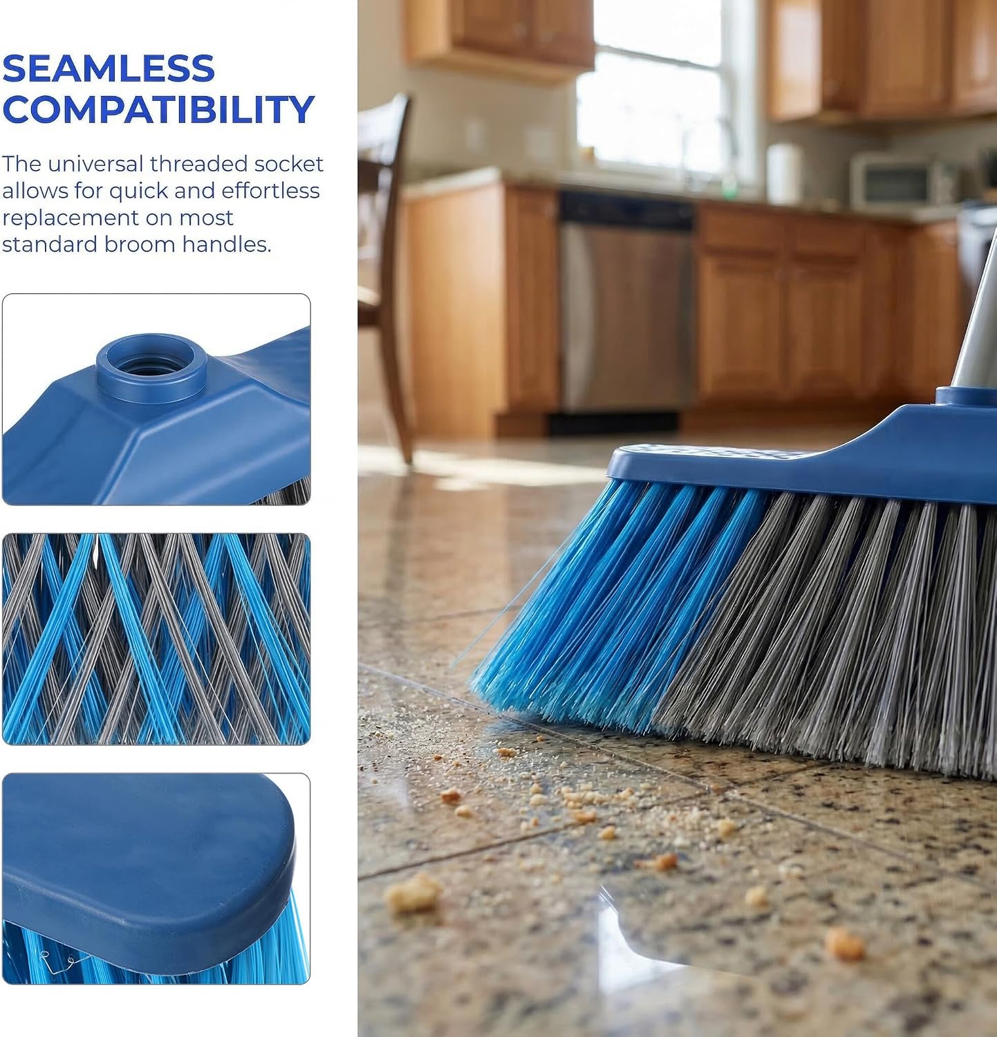 TOYANDONA Broom Head Replacement with Hard Bristles, Dark Blue Industrial and Home Use Sweeping Brush Attachment for Indoor Floor Cleaning