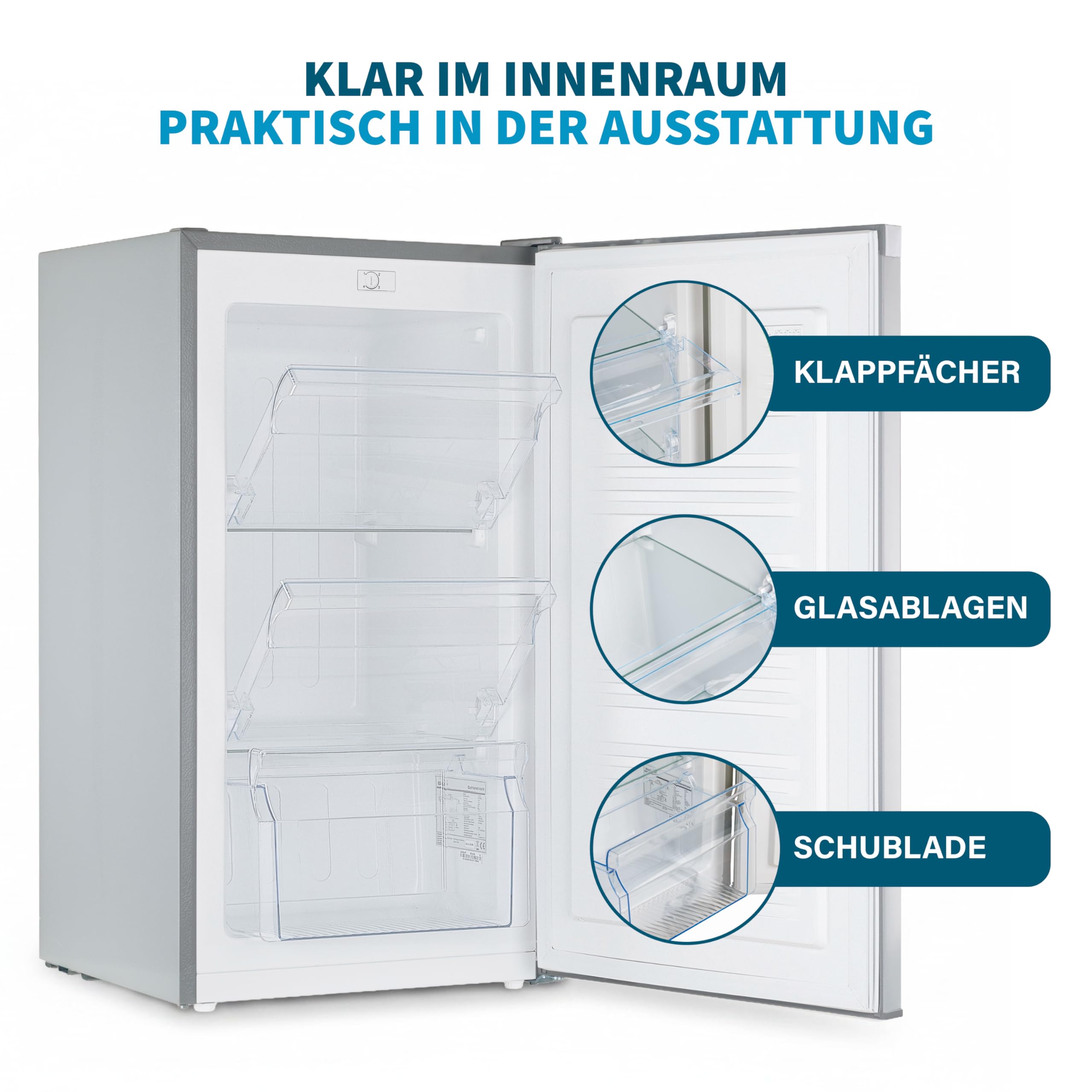 Gefrierschrank klein 63L, Mini Gefrierschrank, Glasablage, 4 Sterne Tiefkühlschrank bis -18 °C, leise 39 dB, Türanschlag wechselbar, freistehend, für Küche/Büro/Keller/Camping, Silber