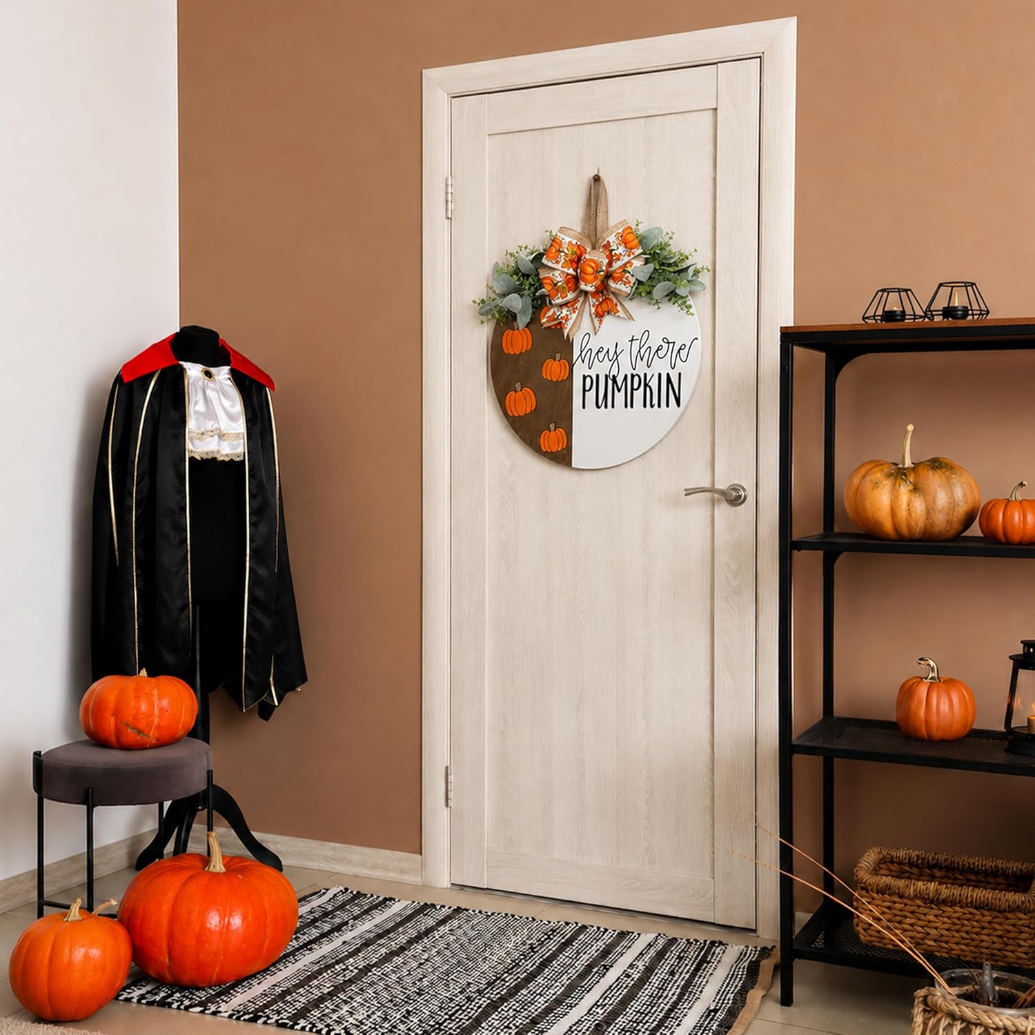 Fall Door Decor, Hey There Pumpkin Sign for Front Door, Round Hanger with Bow and Greenery, Farmhouse Fall Porch Decor for Autumn and Thanksgiving