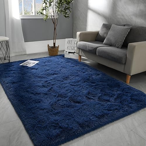 Hutha 5x8 Large Area Rugs for Living Room, Super Soft Fluffy Modern Bedroom Rug, Navy Blue Indoor Shag Fuzzy Carpets for Girls Kids Nursery Room Home Decor