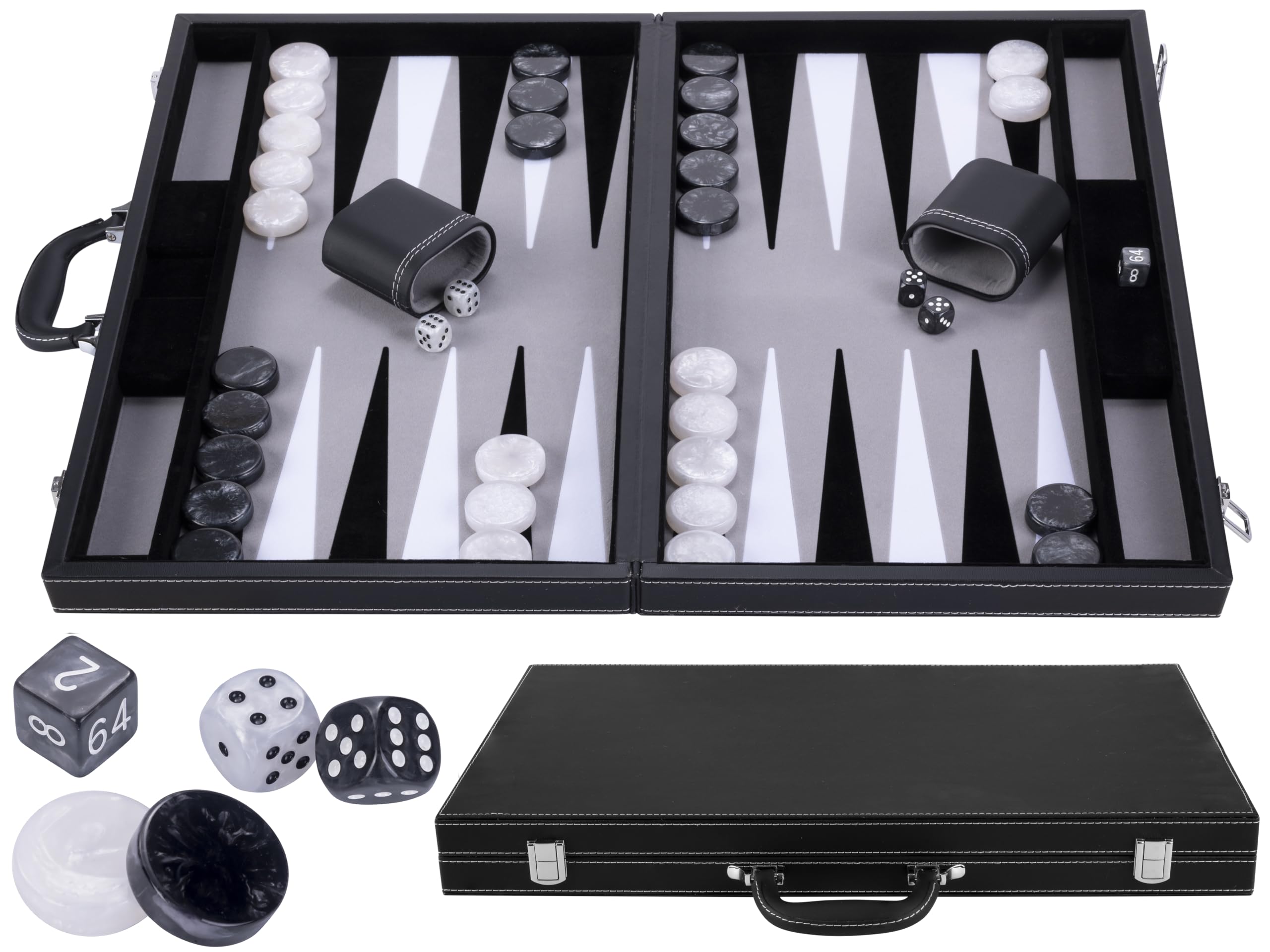 Engelhart - 250537 - Großes Deluxe Backgammon 21 Zoll - 54 cm - Hochwertige Materialien - Kunstleder, spezielle Filz-Einlage - Perlenwürfel Chips + 2 Würfelbecher