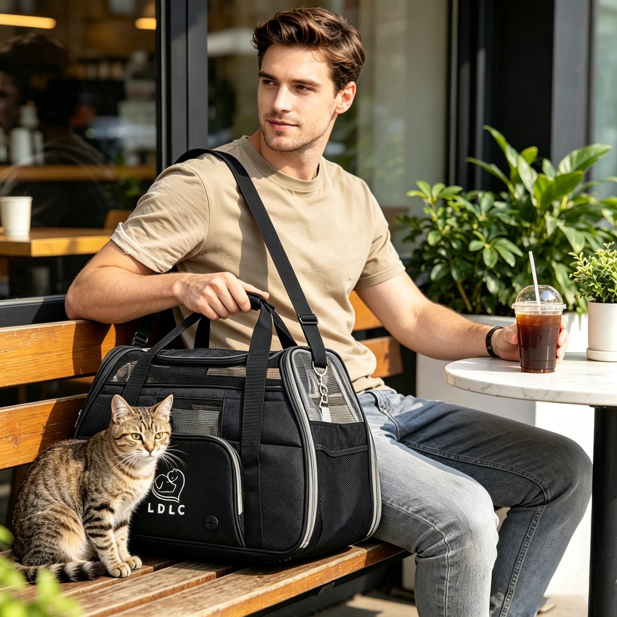 PETCUTE Transportín Perro Gato, Transpirable y Portátil Bolsa de Transporte para Mascotas,Portador de Viaje con Correa de Hombro Ajustable y Cinturón de Seguridad Interno para Tren/Coche/Avión