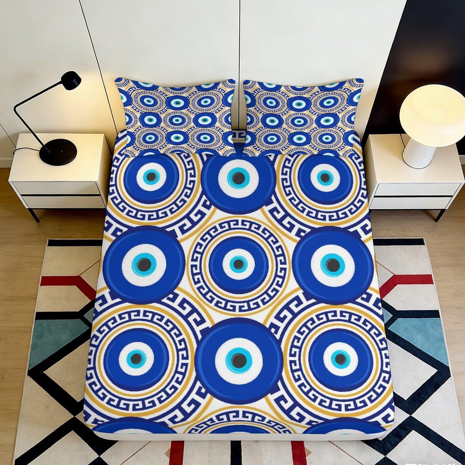 3D Printed Evil Eye Fitted Sheet Microfiber Soft Blue Mandala Bed Cover for Bedroom Dorm Mattress Protection Decor 90x200x25cm