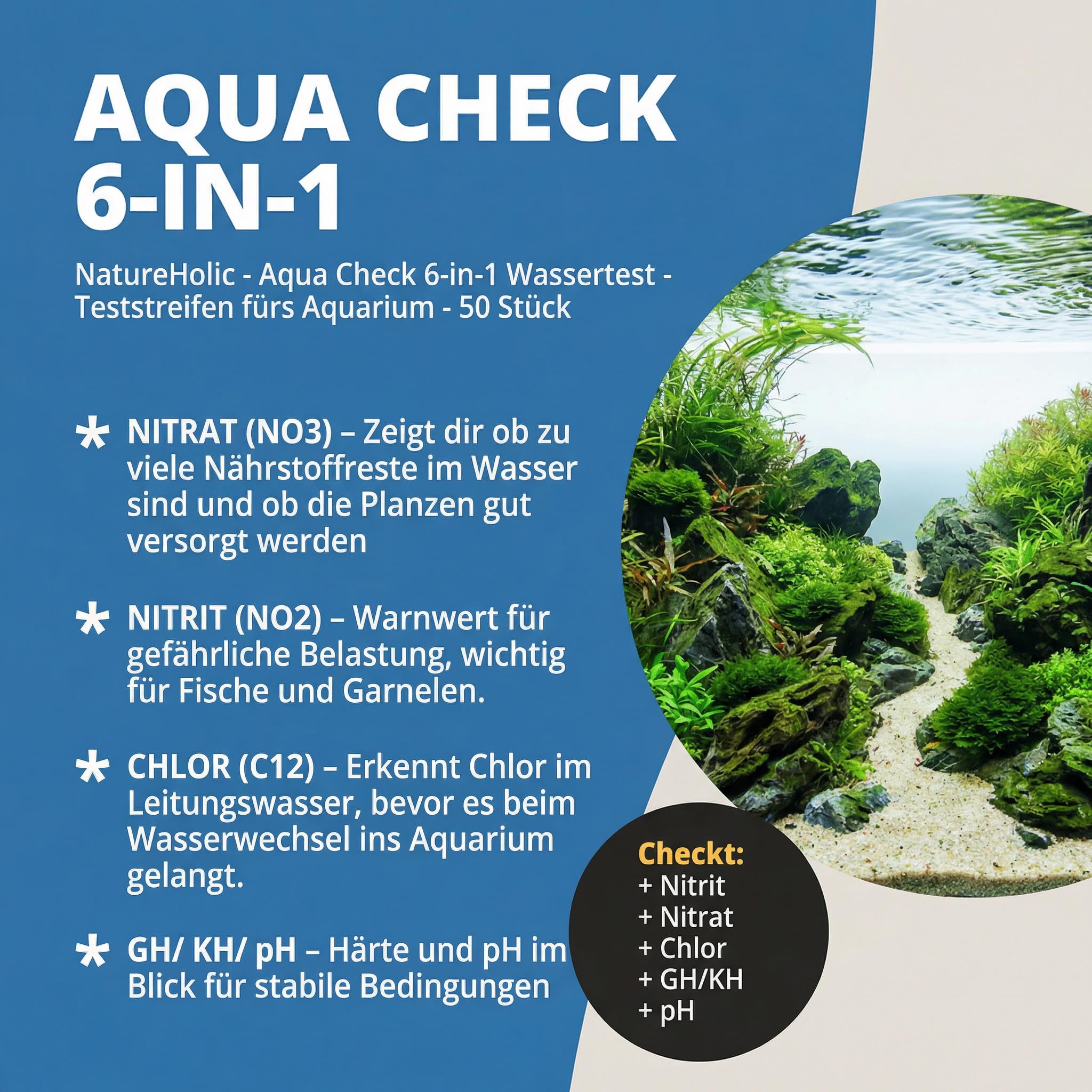 NatureHolic Paski testowe do akwarium 6 w 1 – szybki test azotynów, azotanów, chloru, pH, całkowitej twardości i twardości węglanowej – do akwarium, basenu z krewetkami i świeżej wody