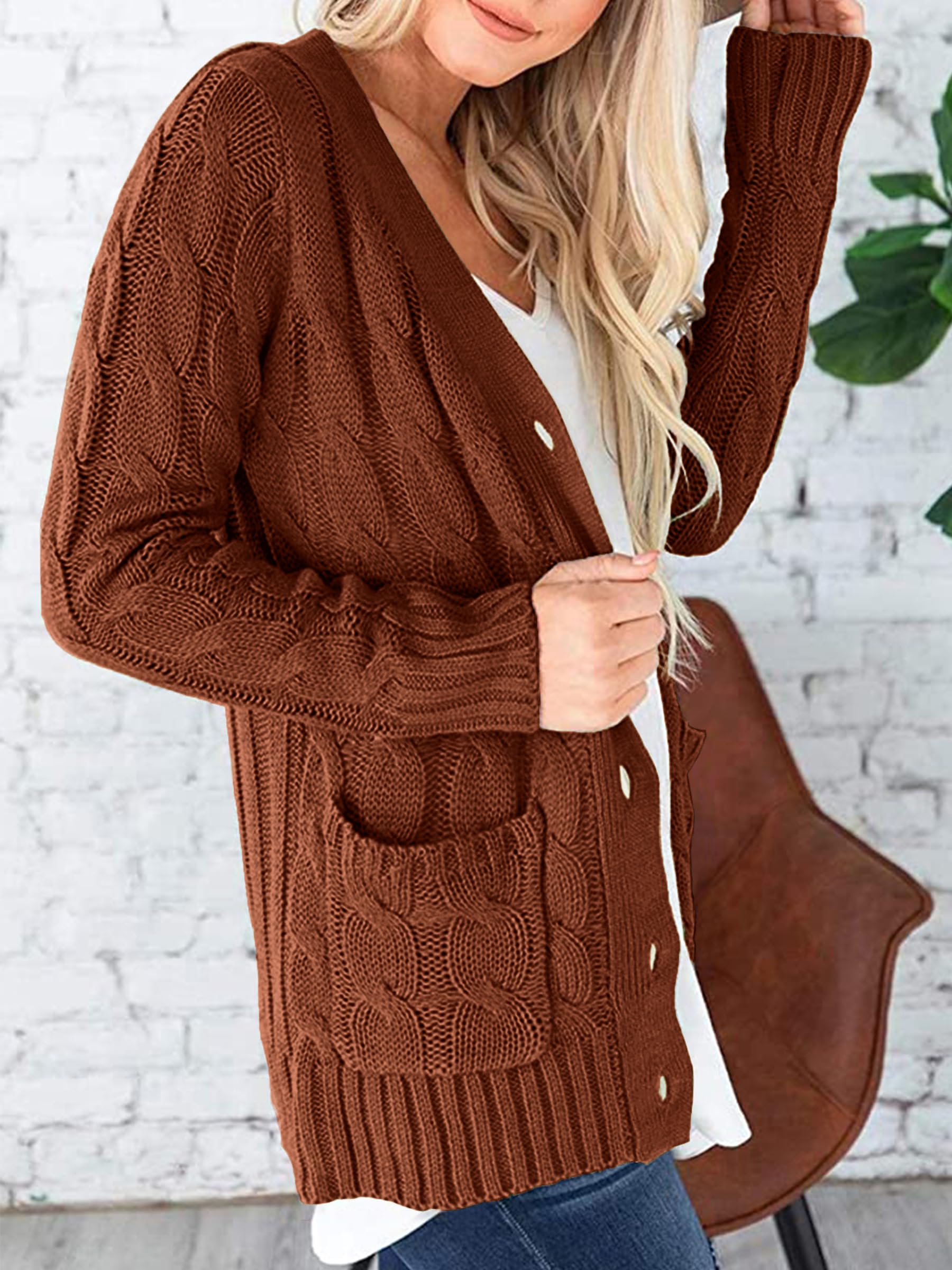 Uusollecy Damen Cardigan Langarm Strickjacke Herbst Winter Casual Strickcardigan Open Front Sweater mit Knopf S-XXL