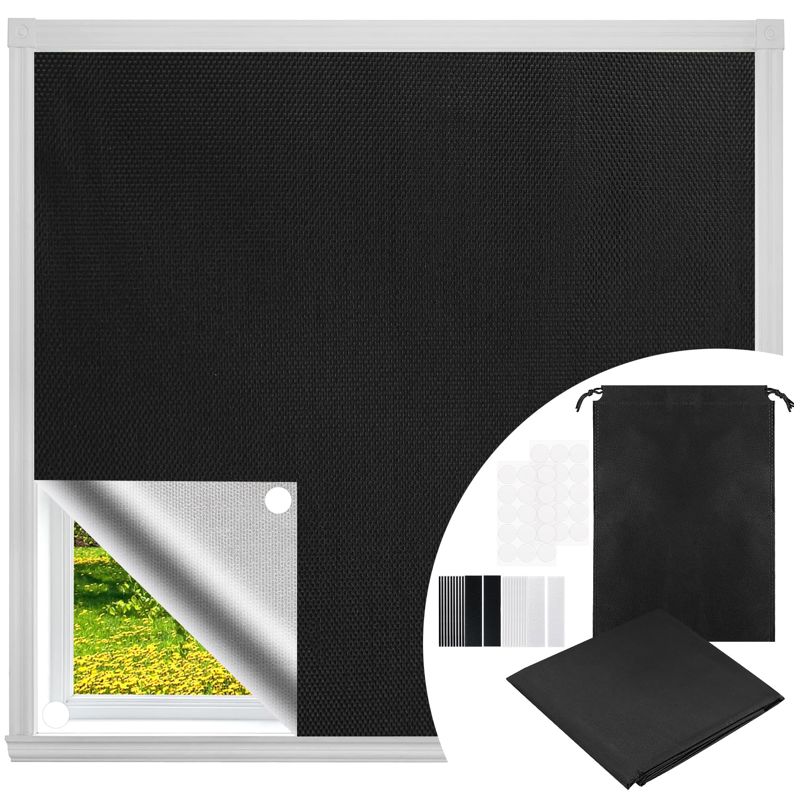 150×200cm Portable Blackout Blind,Temporary Blackout Blinds,Black Out Blinds Stick On,100% Blackout Material,No Drilling,With Hook & Loop Straps, For Bedroom,Nursery,Loft,Car