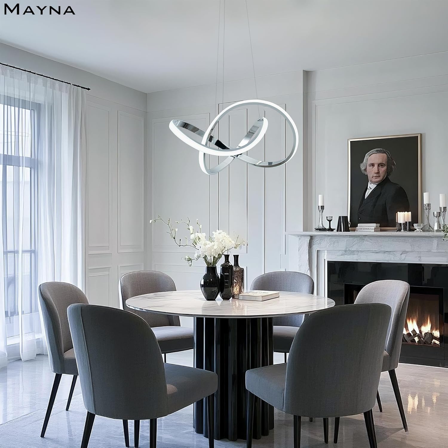 MAYNA Modern LED Chandelier for Dining Room, Dimmable LED Pendant Light with Remote, Irregular Infinity Light Fixture for Kitchen Island, 3 Color Changeable Chandelier, Chrome 19.7 inch