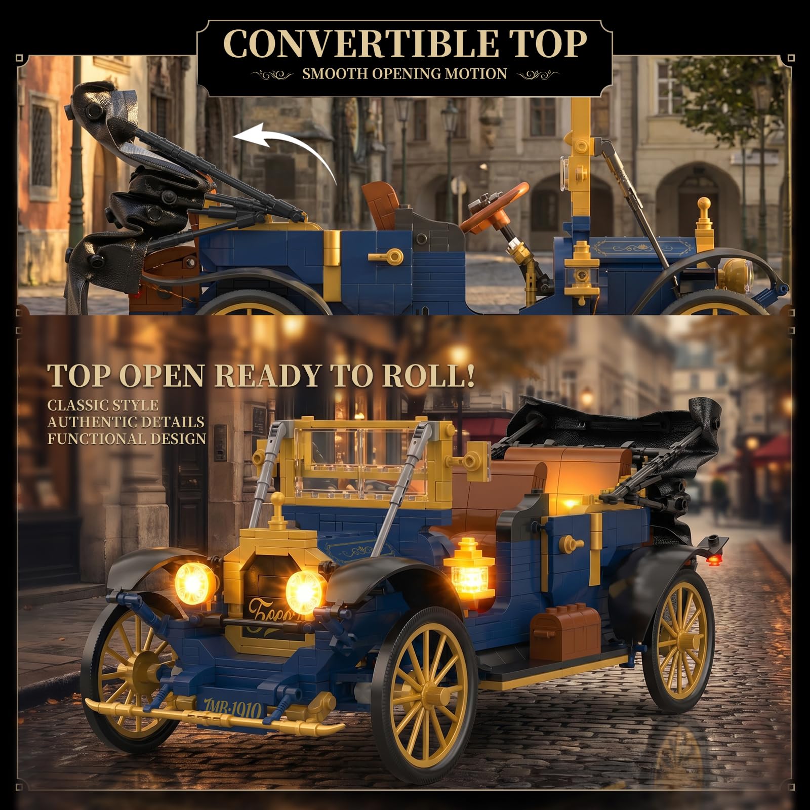 JMBricklayer Maquetas de Coches Antiguos con Luces para Adultos, Techo Plegable de Piel Sintética, 50003 Juguete de Construcción Regalo para Fans de Autos Clásicos