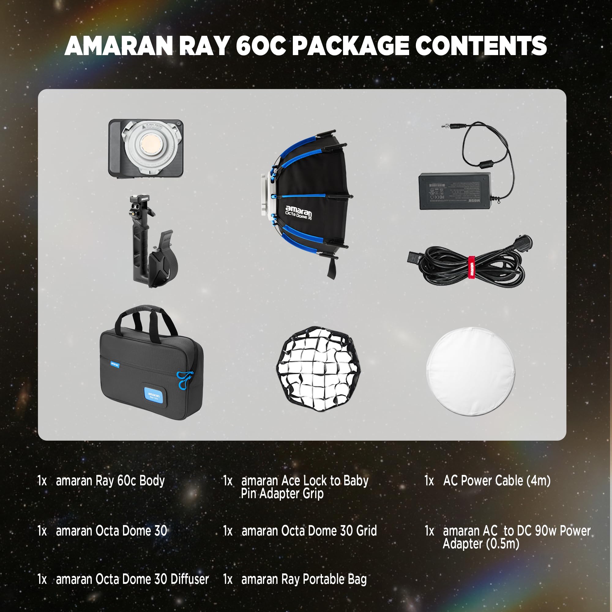 Amaran Ray 60c Full Color COB LED Lumière vidéo 60 W Ultra-compacte Lumière de Voyage avec boîte à lumière Octa Dome 30, Alimentation USB-C PD, IP54, Moteur OmniColor, 2 300 K-10 000 K, contrôle par