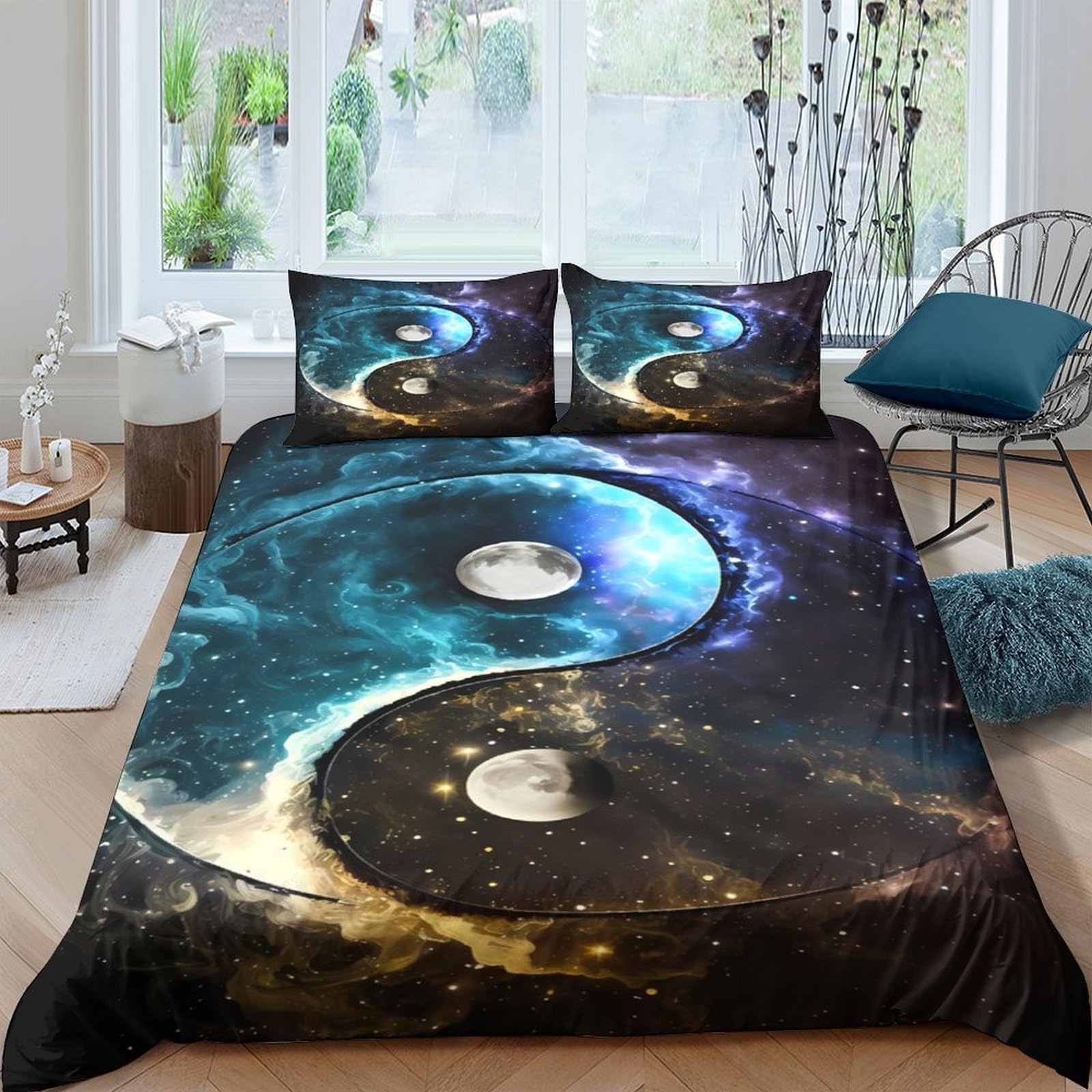 Ctjqhvkz Style-6 3D Printed Yin Yang Galaxy Fitted Sheet Microfiber Soft Breathable Cosmic Universe Mattress Cover Bedroom Decor Single（135X200cm）