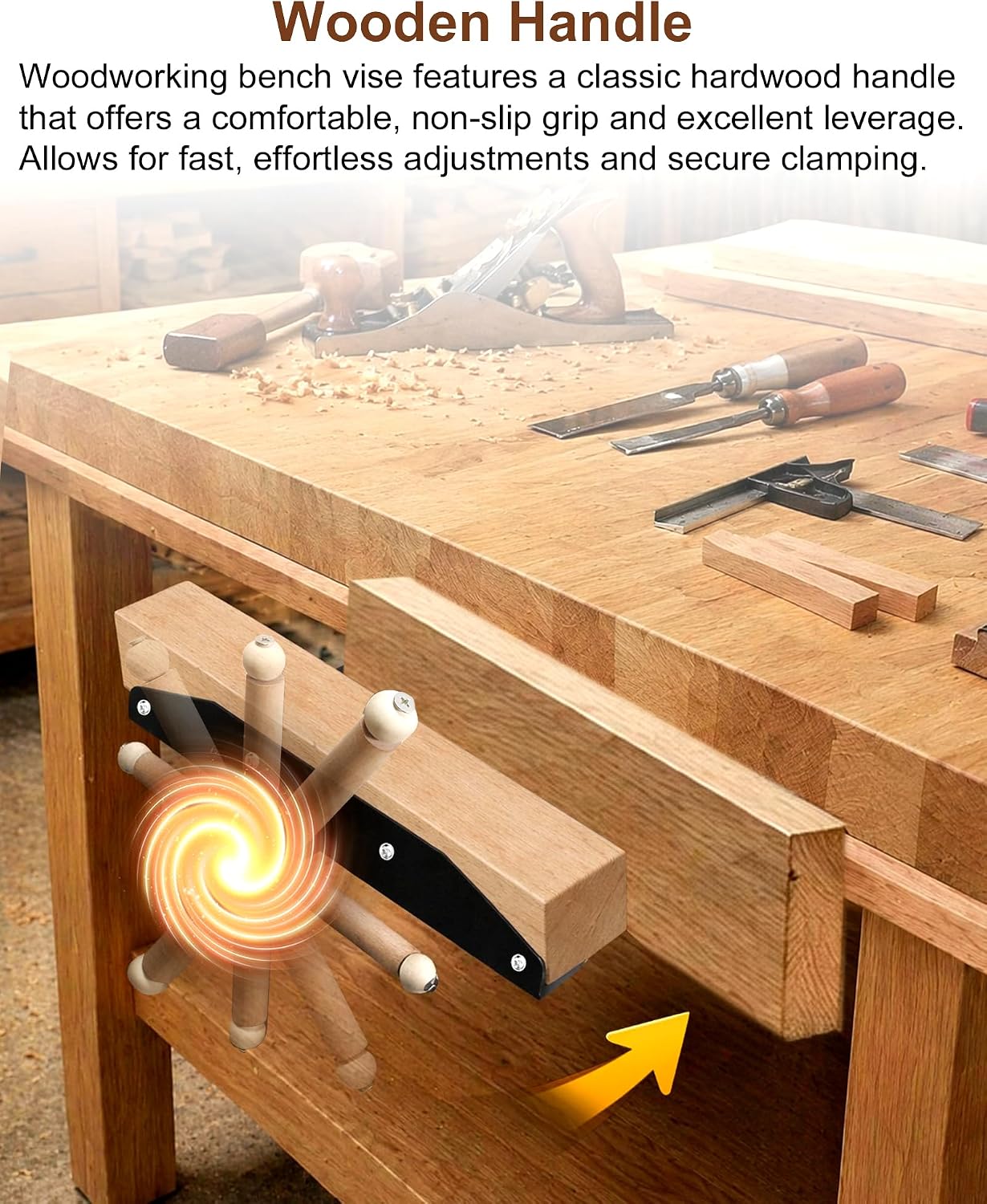 33302 Adjustable Woodworking Vise, Wood Vise for Workbench | Acme Thread Anti-Racking Design, with Wooden Handle, Fits Custom Workbenches with Thickness Not Exceeding 2.3 inches